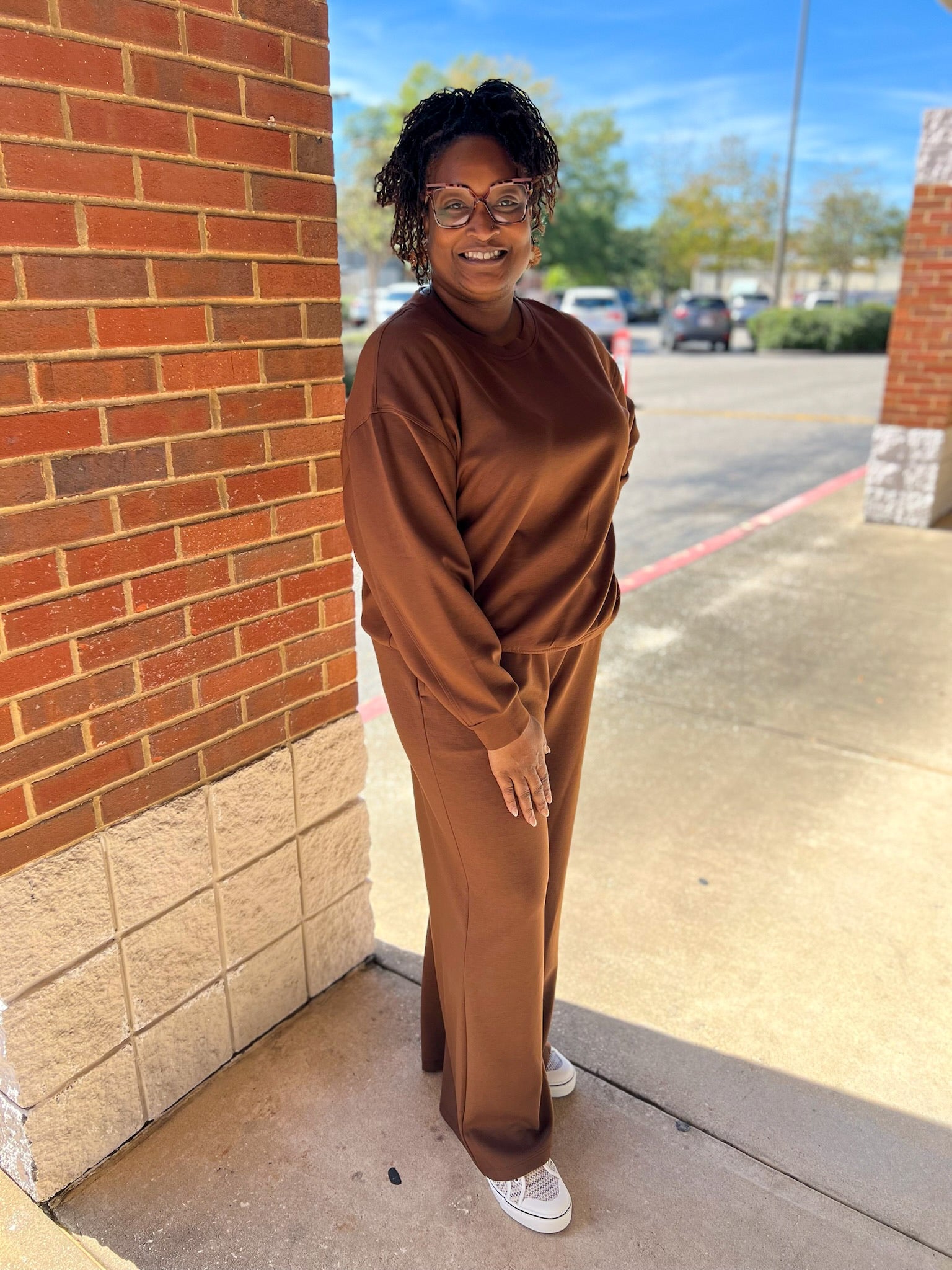 Brown Curvy Scuba Wide Leg Long Sleeve Pant Set - A'Bekah's Boutique