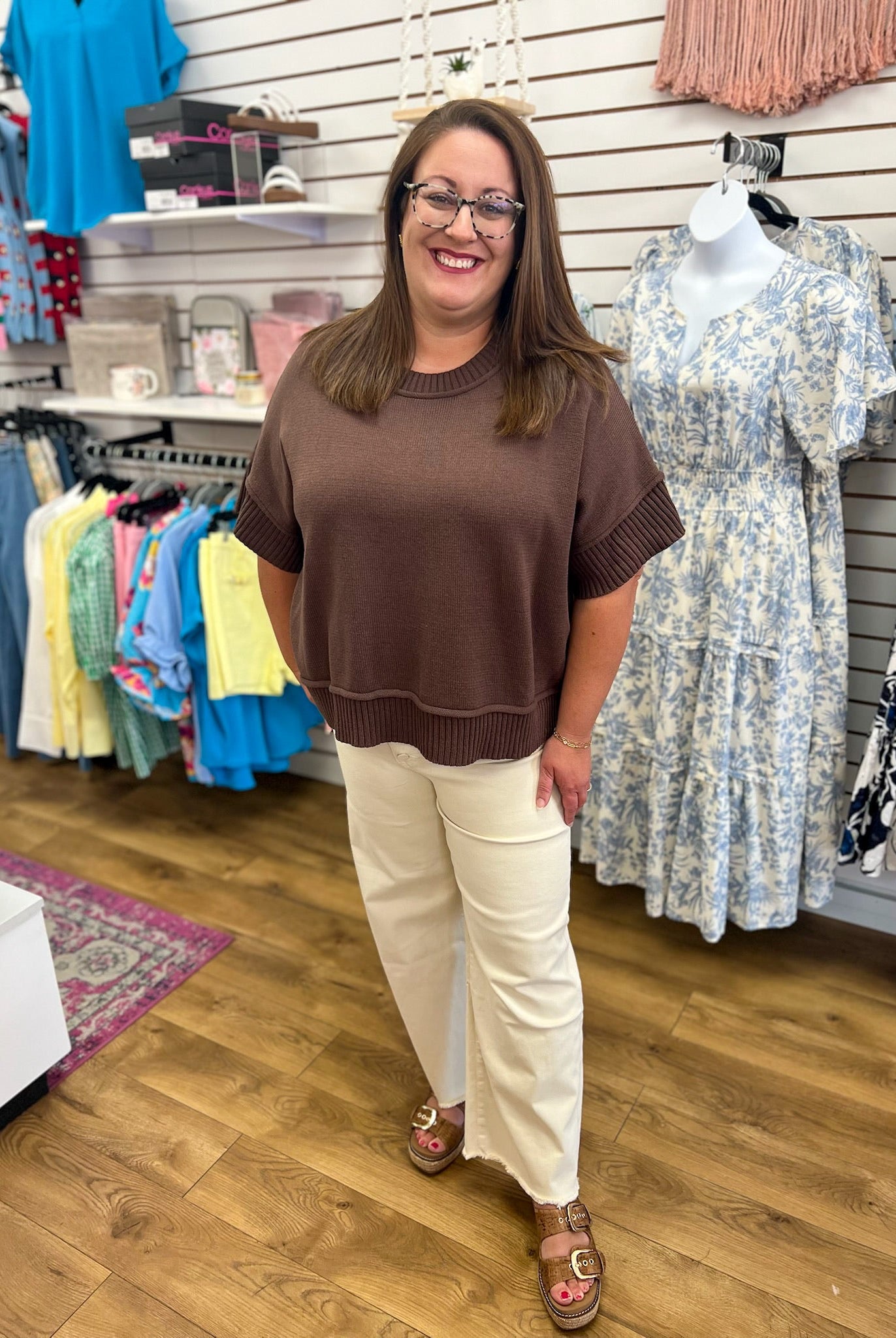 Brown Drop Shoulder Half Sleeve Sweater - A'Bekah's Boutique