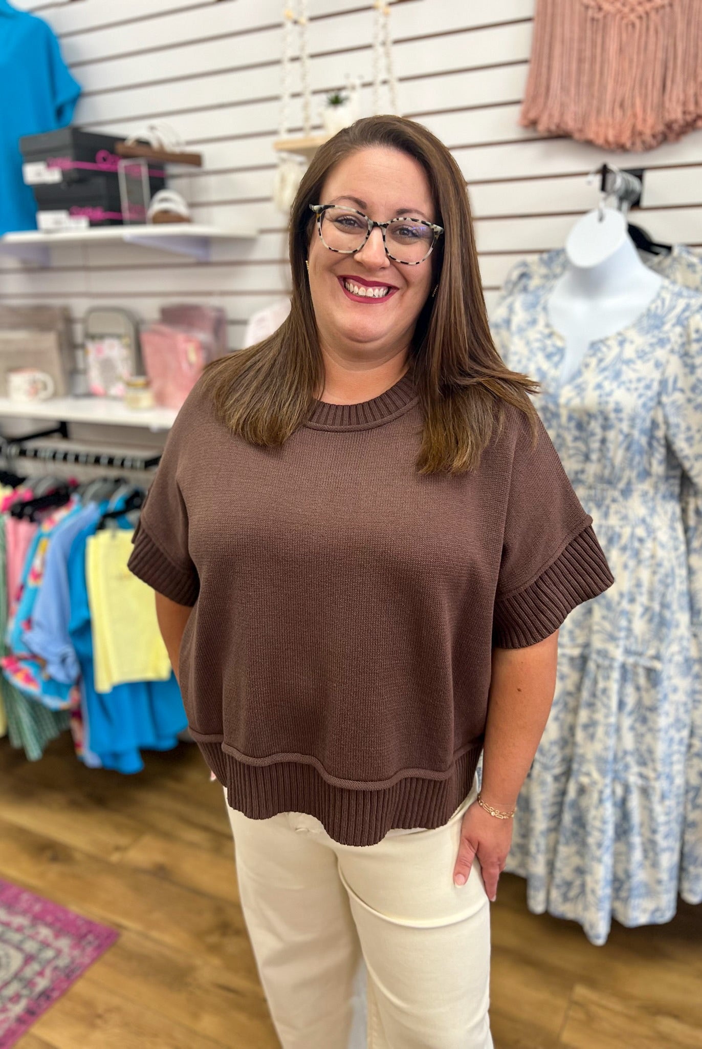 Brown Drop Shoulder Half Sleeve Sweater - A'Bekah's Boutique