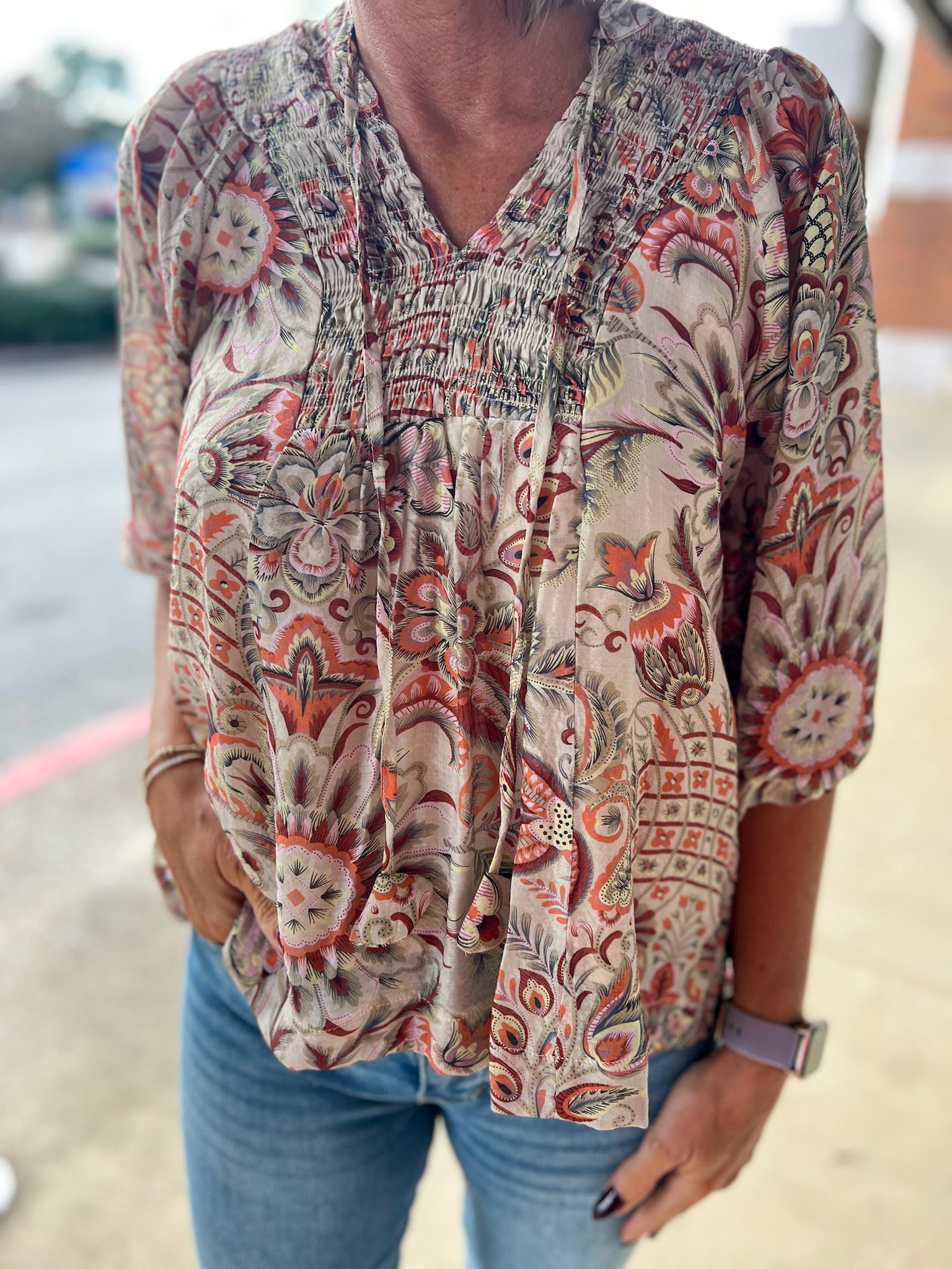 Brown Floral Boho Print Top with Smocked V - Neck - A'Bekah's Boutique