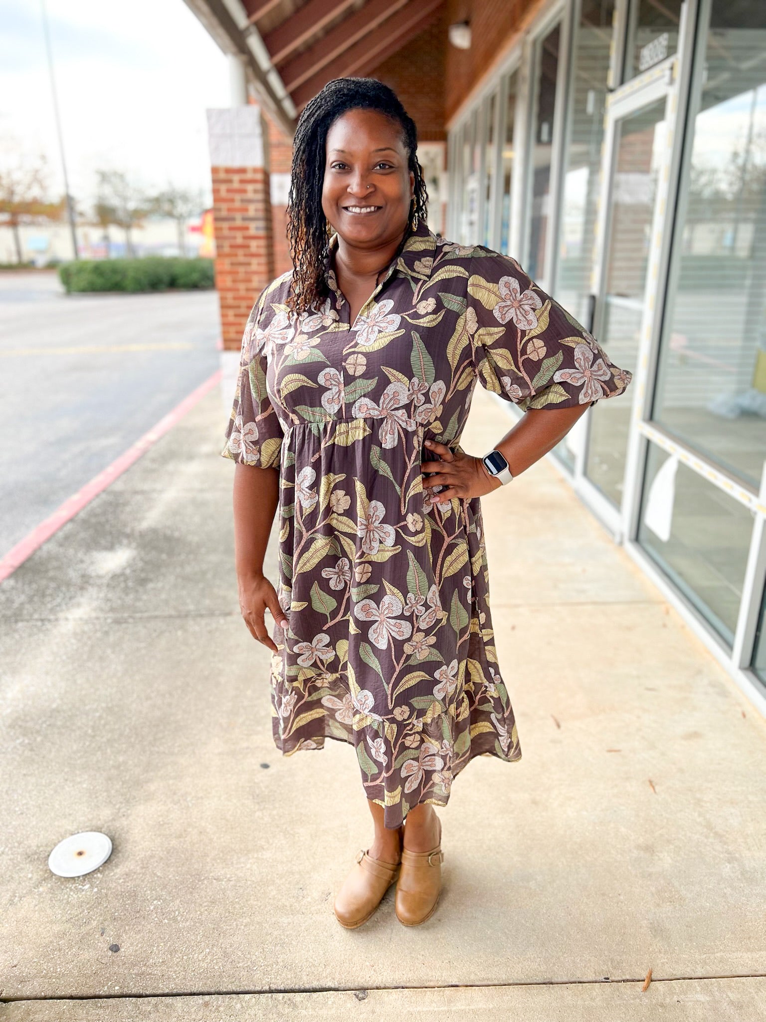 Brown Floral Curvy Dress with 3/4 Sleeves - A'Bekah's Boutique
