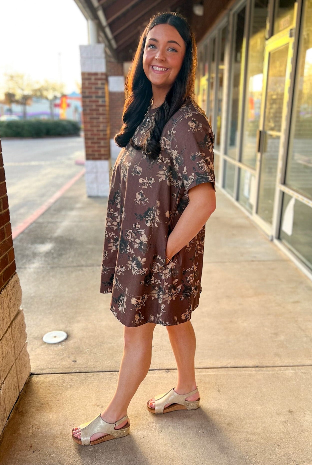 Brown Floral Short Sleeve Dress with Pockets - A'Bekah's Boutique