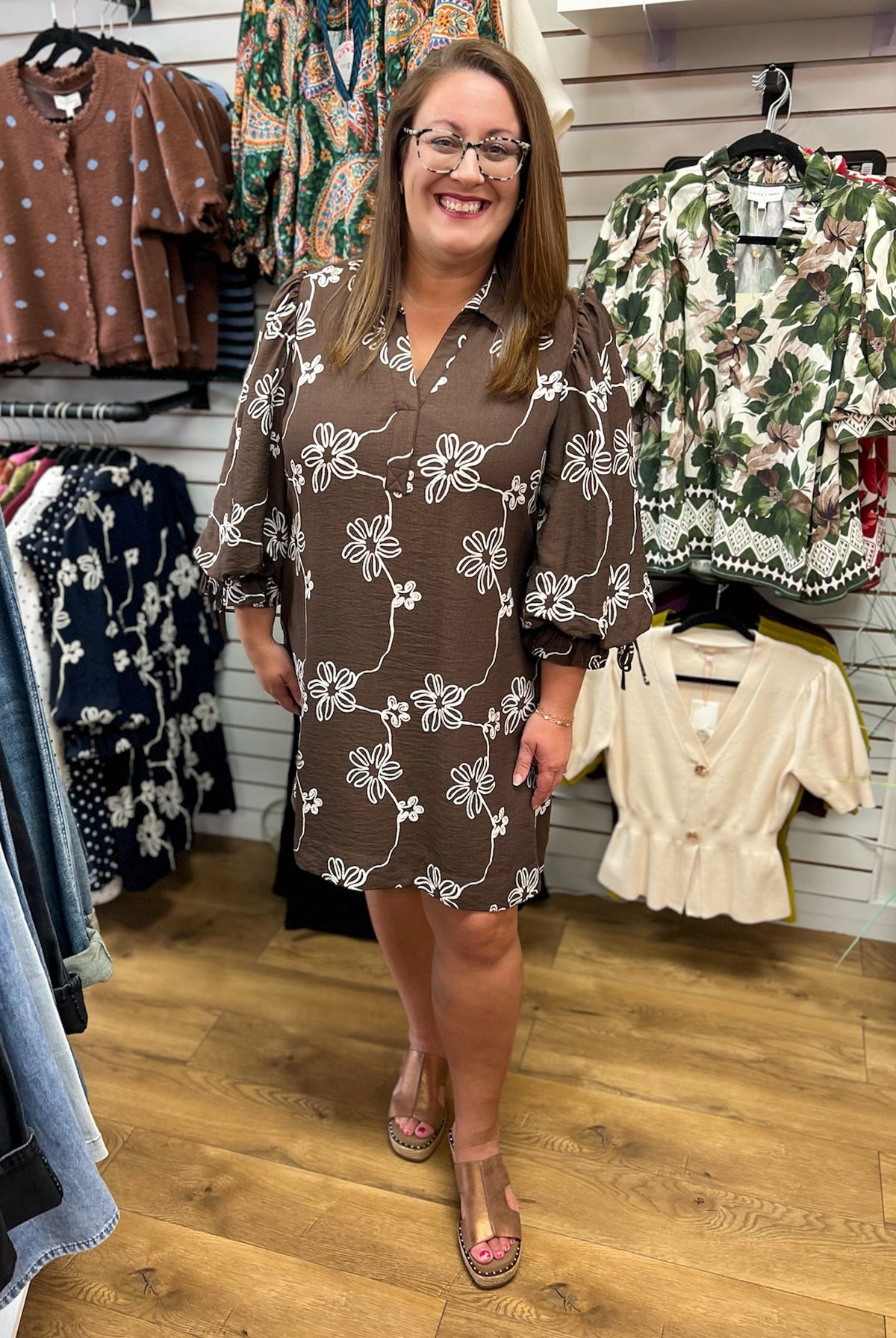 Brown Floral V-Neck Dress with 3/4 Balloon Sleeves - A'Bekah's Boutique