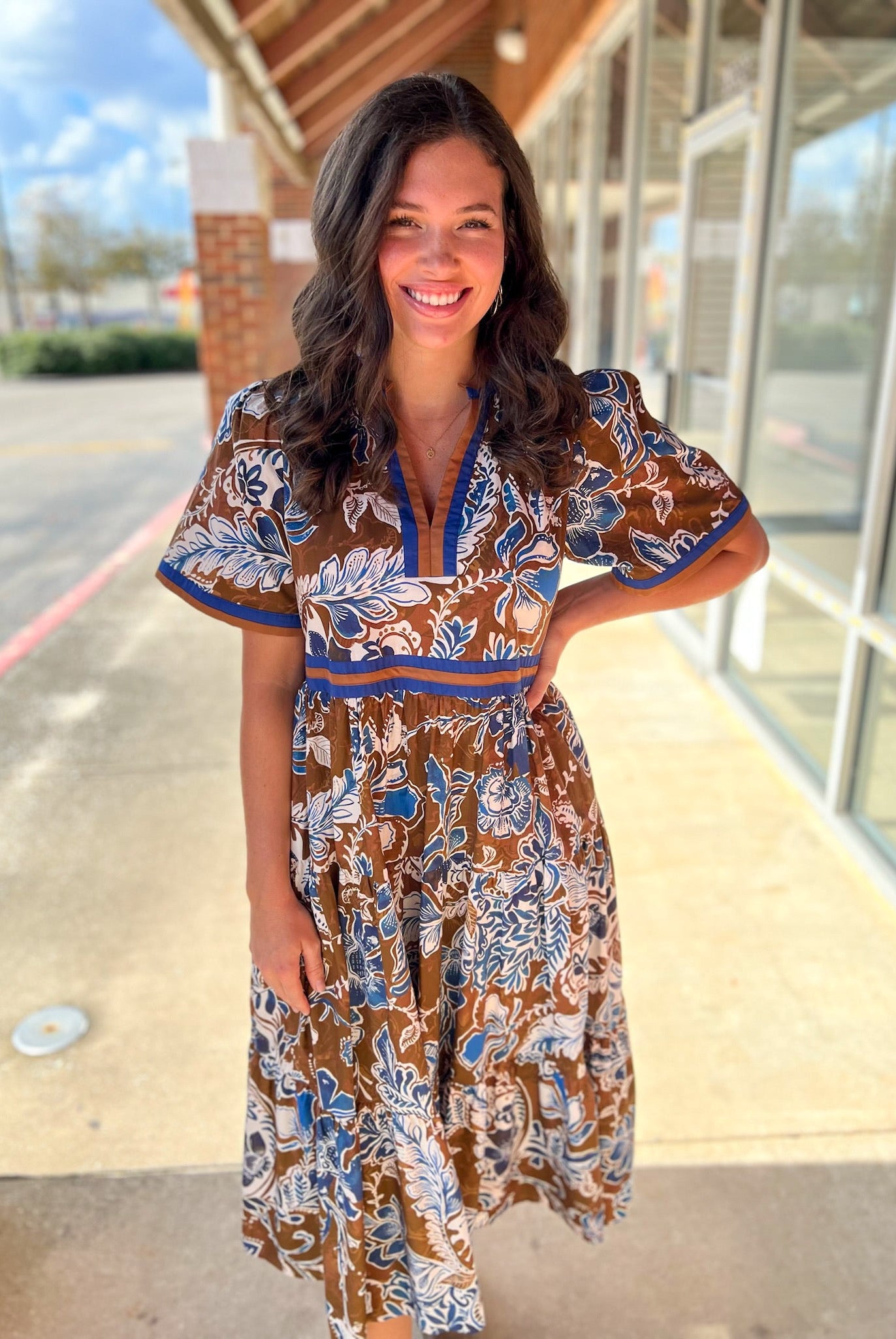 Brown Floral V - Neck Midi Dress with Contrast Trim Details (C) - A'Bekah's Boutique