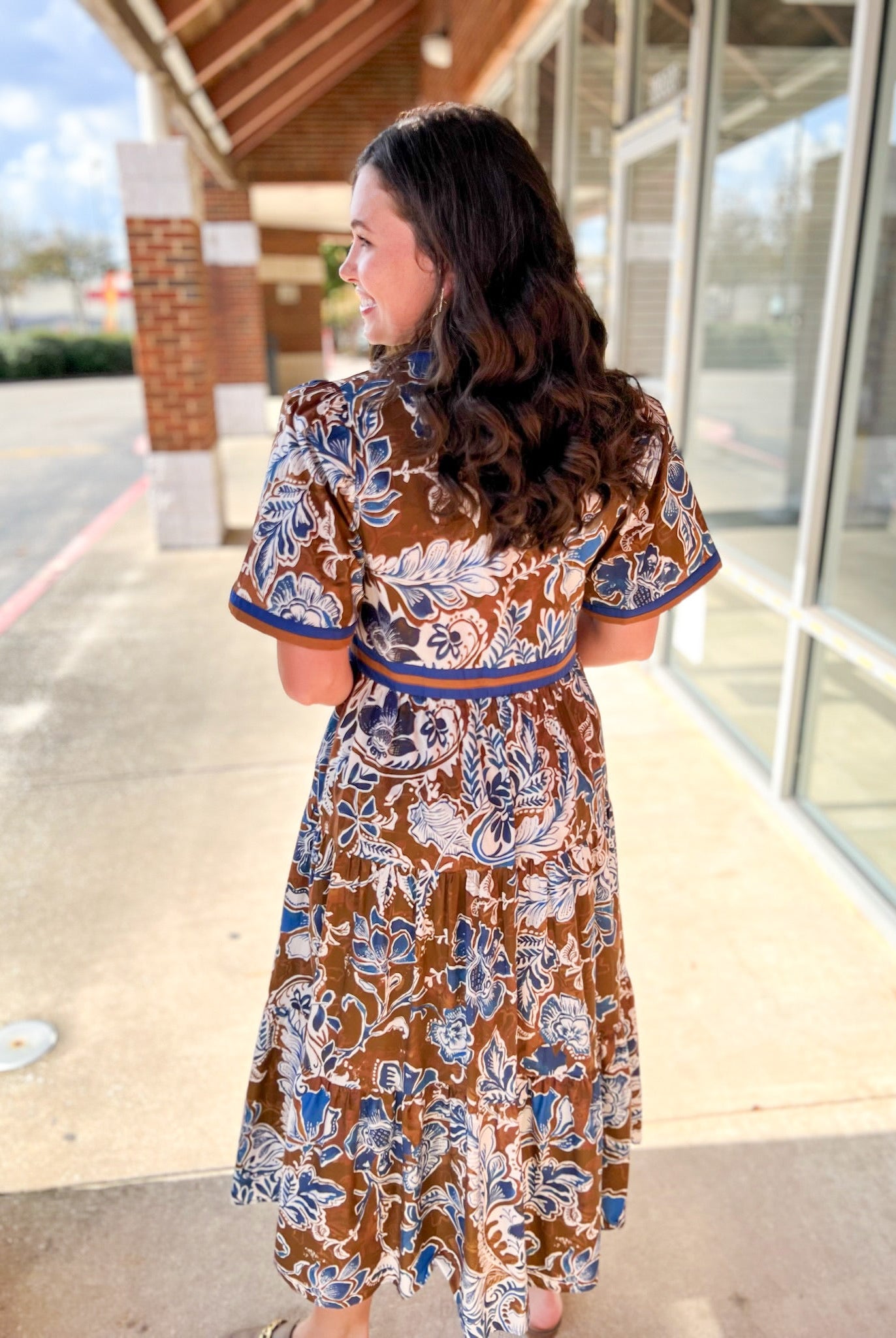 Brown Floral V - Neck Midi Dress with Contrast Trim Details (R) - A'Bekah's Boutique