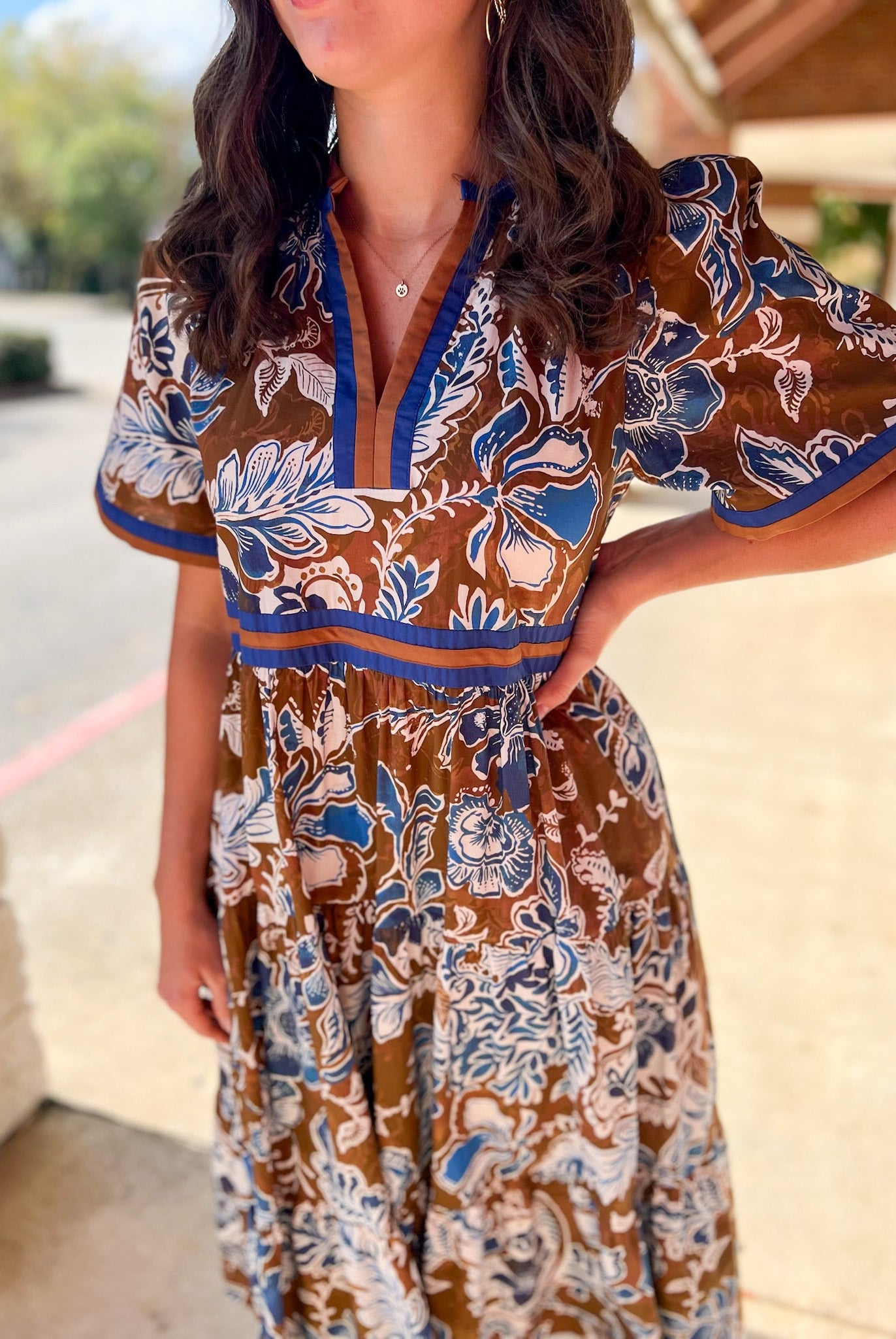 Brown Floral V - Neck Midi Dress with Contrast Trim Details (R) - A'Bekah's Boutique