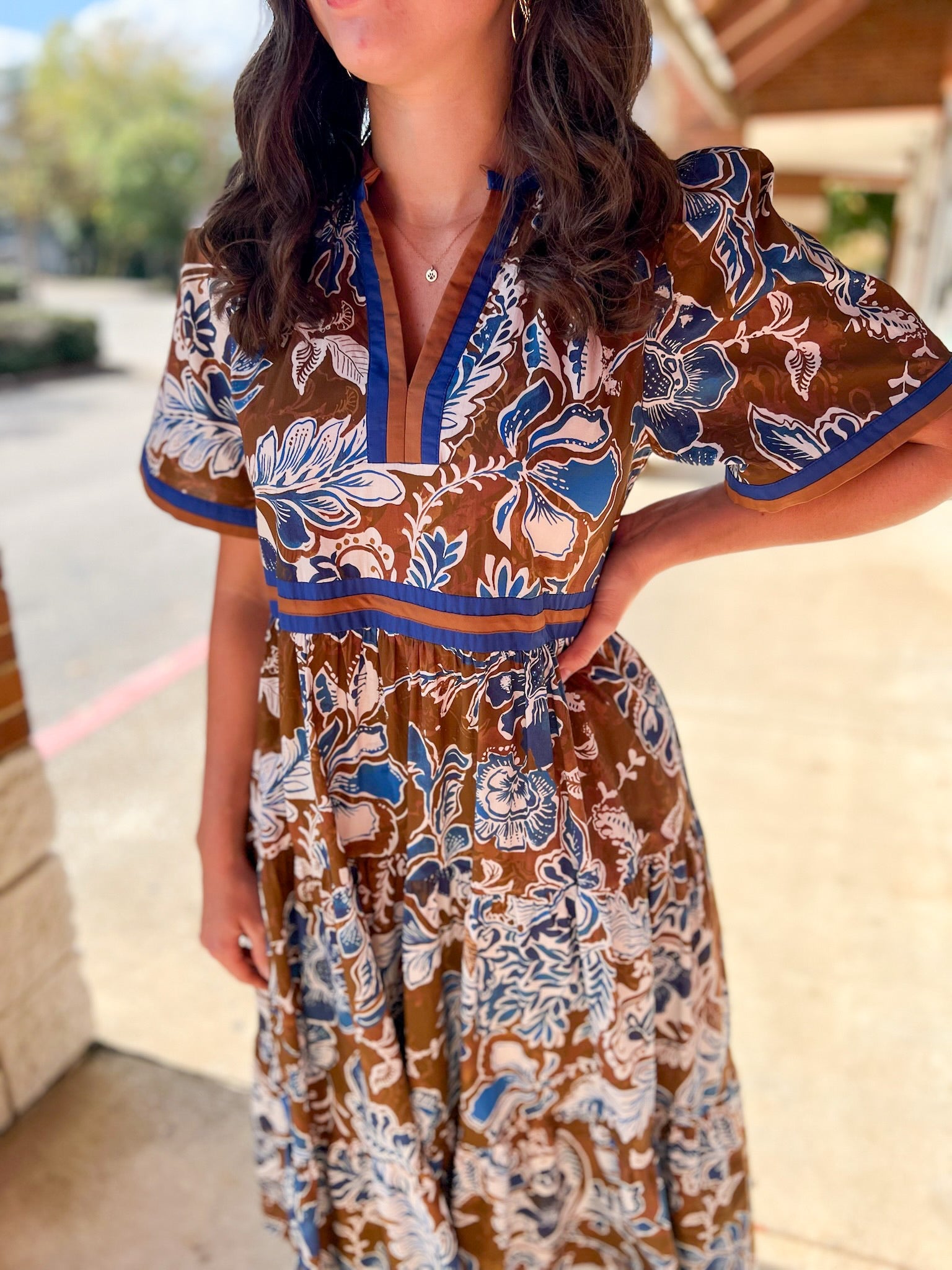 Brown Floral V - Neck Midi Dress with Contrast Trim Details (R) - A'Bekah's Boutique