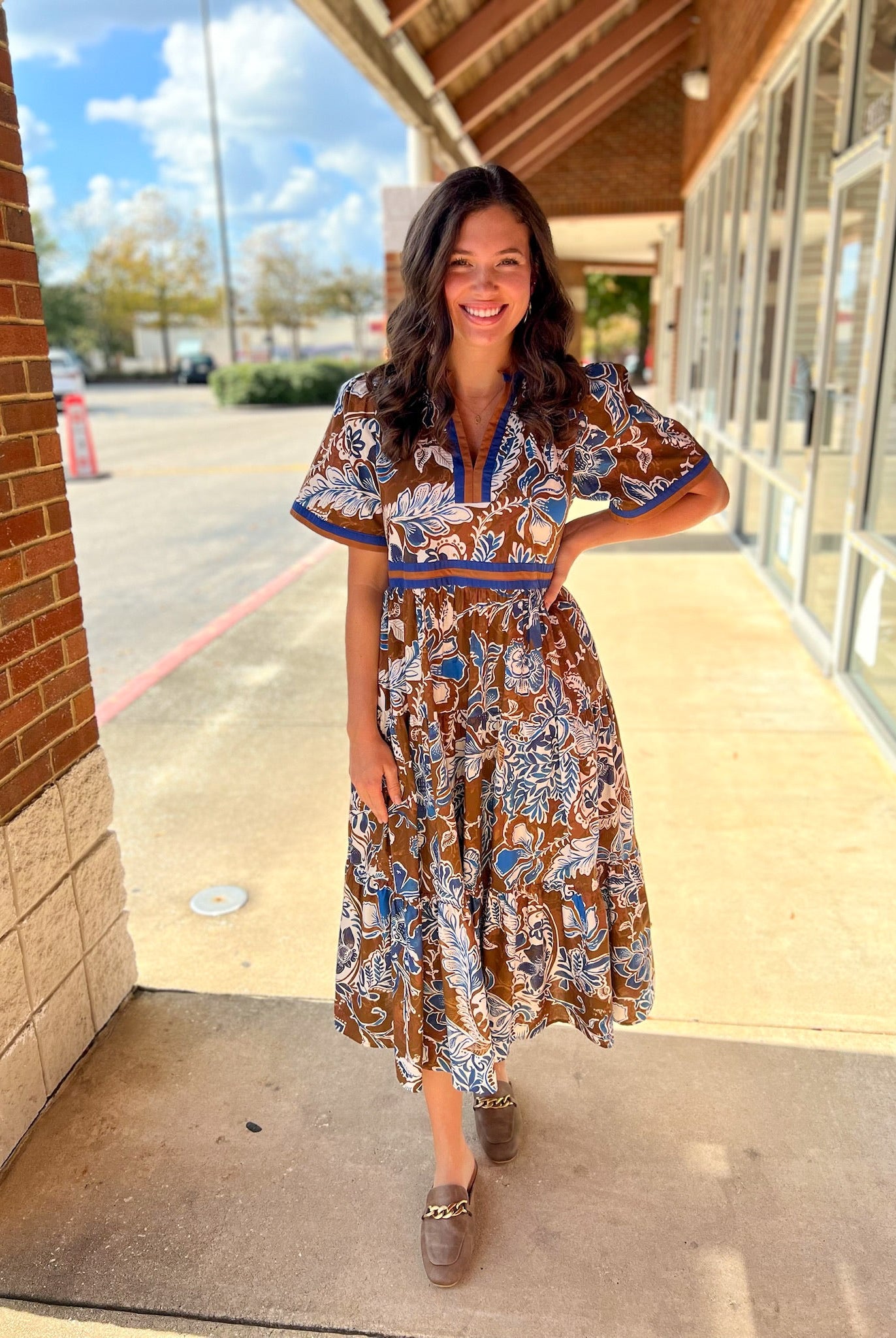 Brown Floral V - Neck Midi Dress with Contrast Trim Details (R) - A'Bekah's Boutique