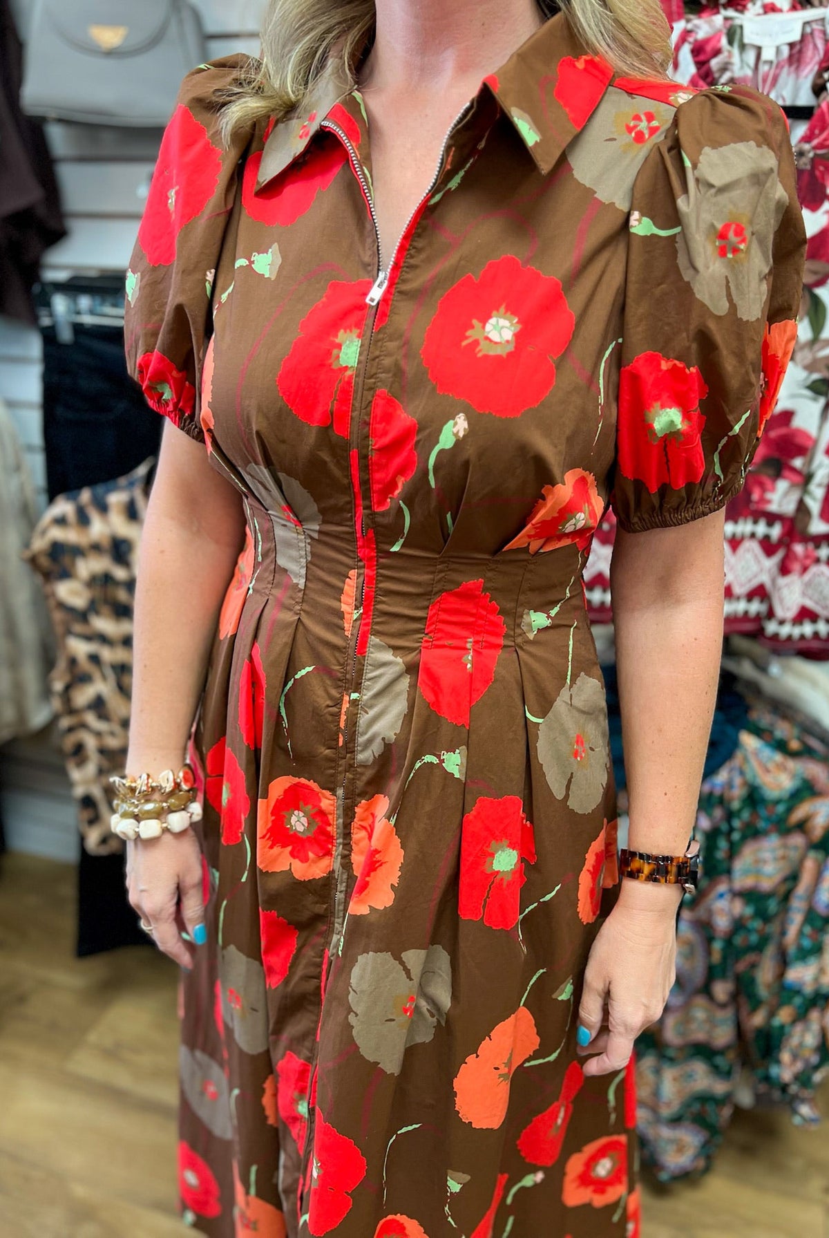Brown Floral Zip Front Midi Dress with Pockets - A'Bekah's Boutique