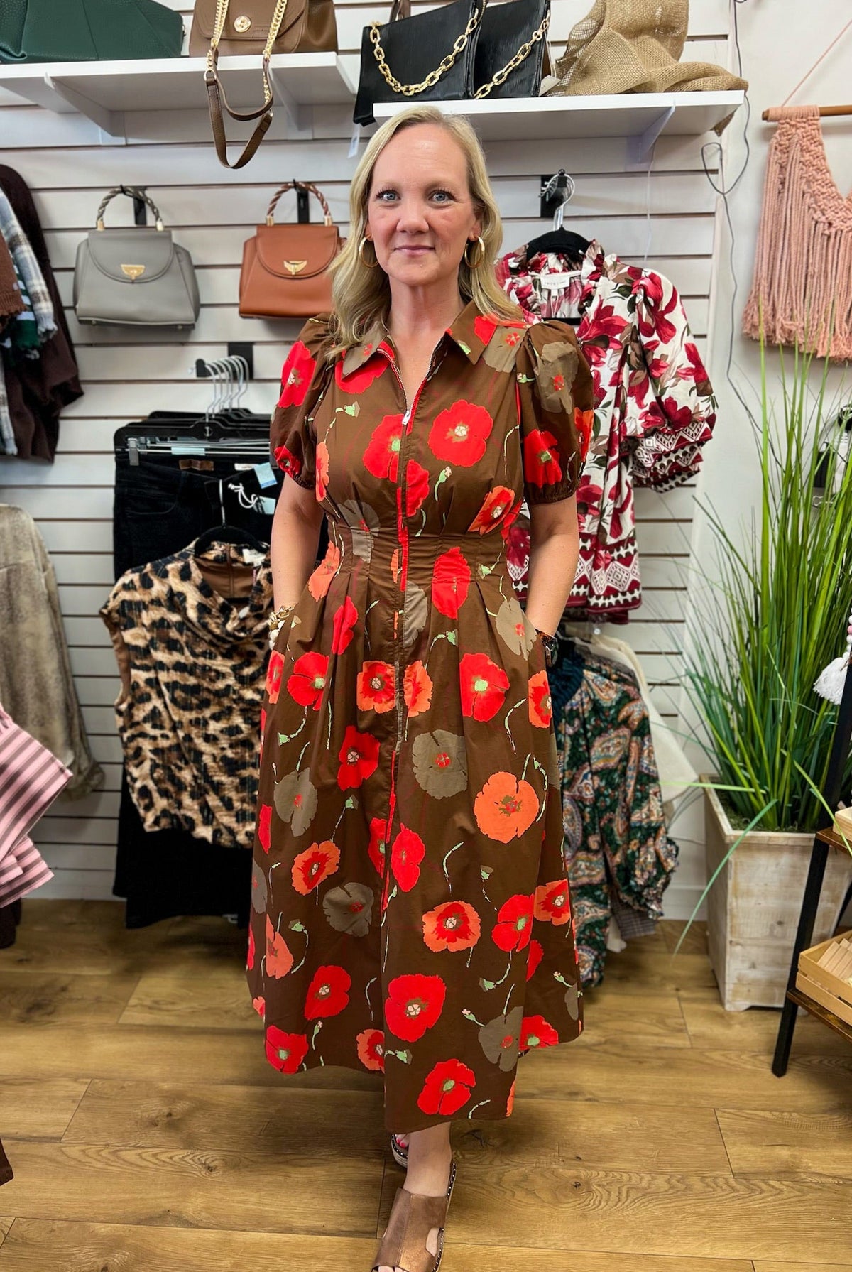 Brown Floral Zip Front Midi Dress with Pockets - A'Bekah's Boutique