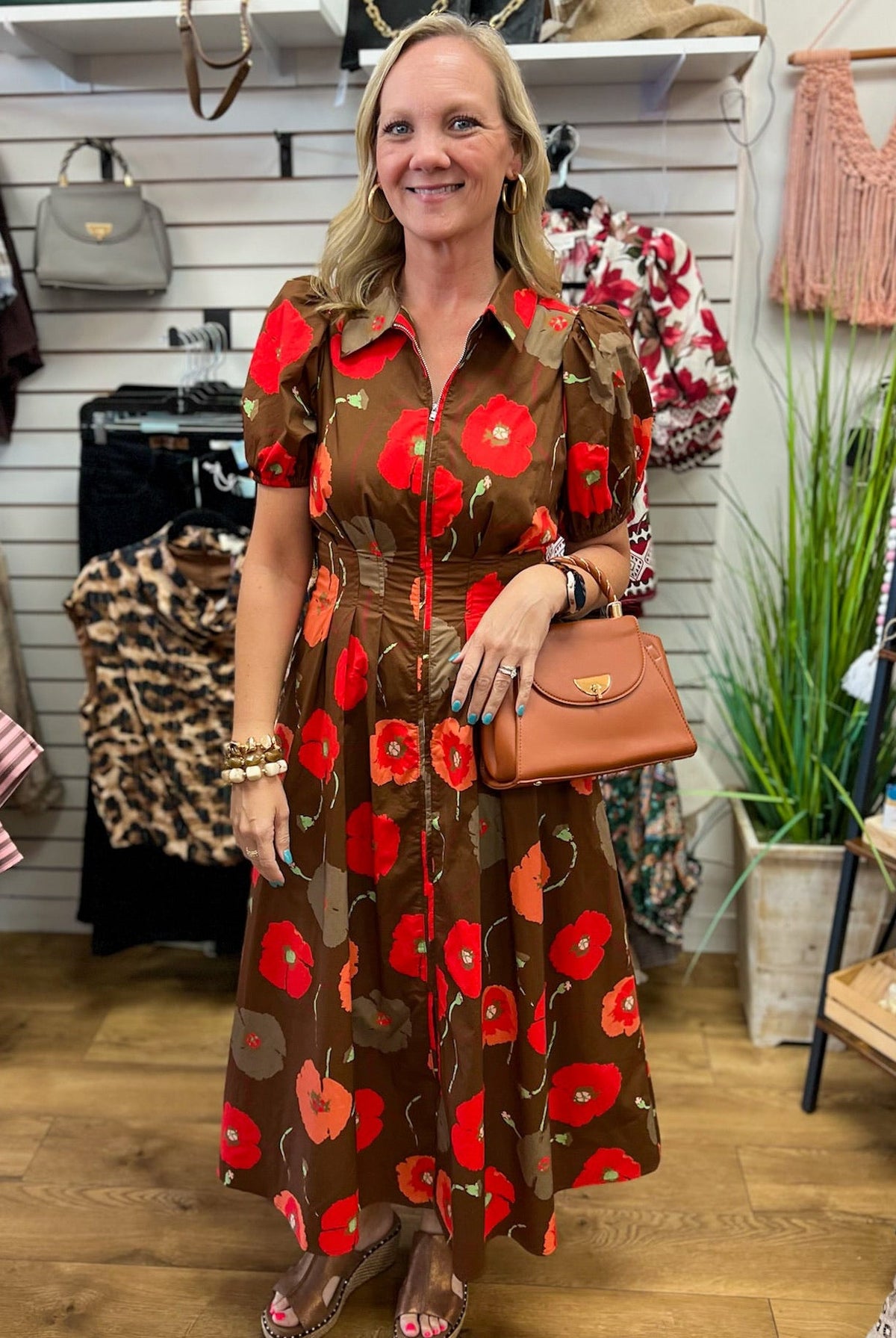 Brown Floral Zip Front Midi Dress with Pockets - A'Bekah's Boutique