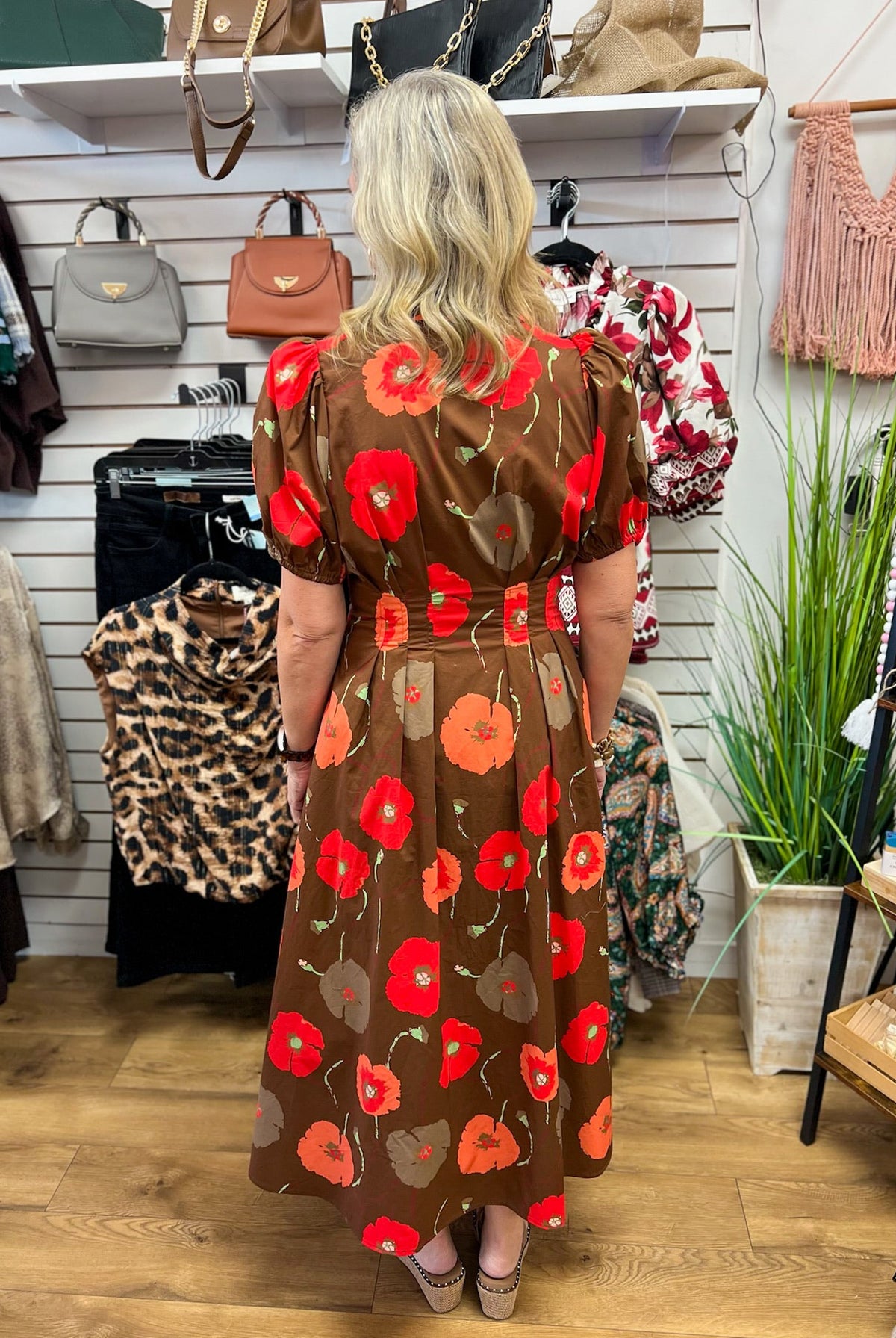 Brown Floral Zip Front Midi Dress with Pockets - A'Bekah's Boutique