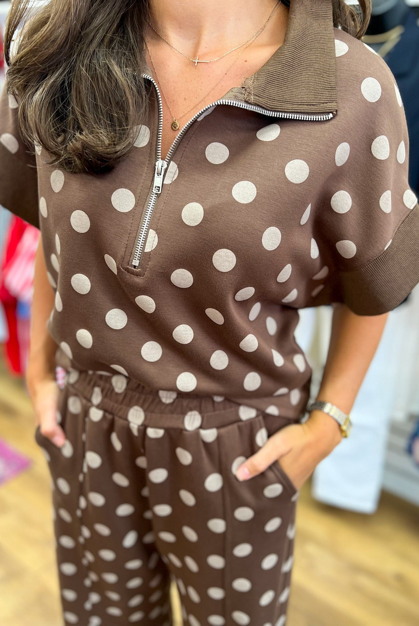 Brown Polka Dot Long Knit Pant Set - A'Bekah's Boutique