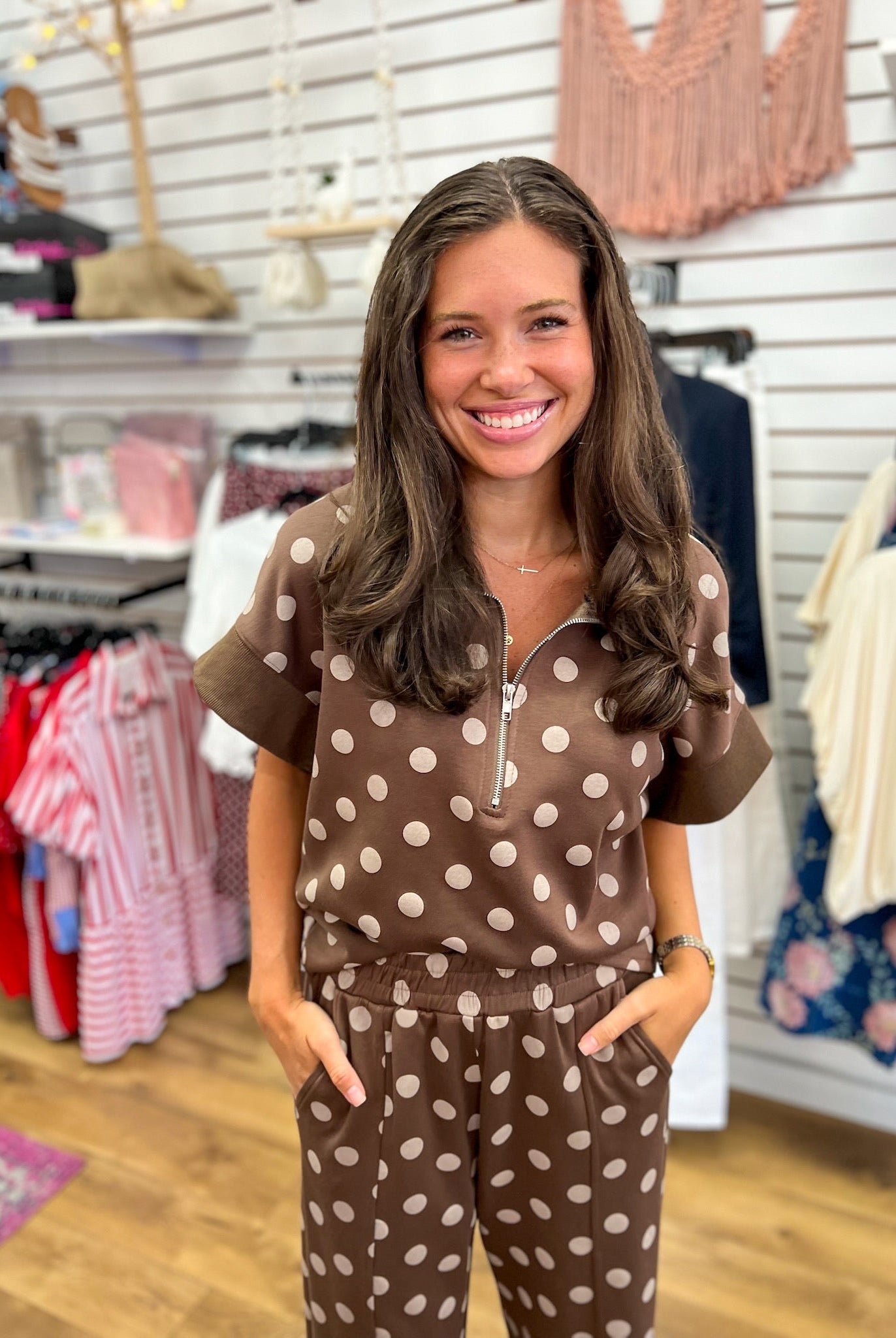 Brown Polka Dot Long Knit Pant Set - A'Bekah's Boutique