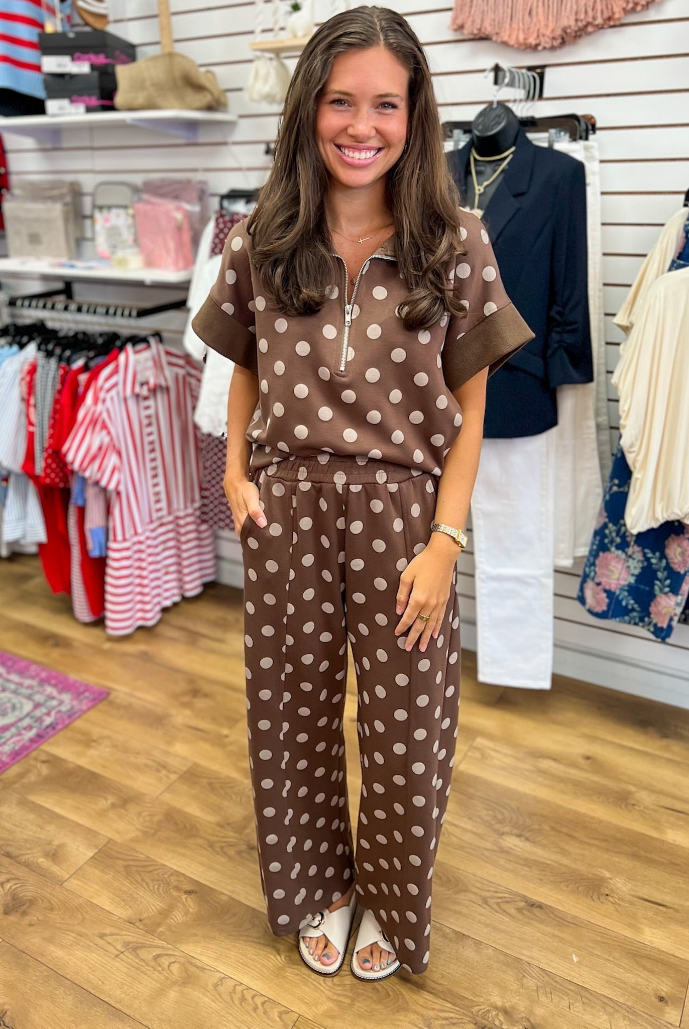 Brown Polka Dot Long Knit Pant Set - A'Bekah's Boutique