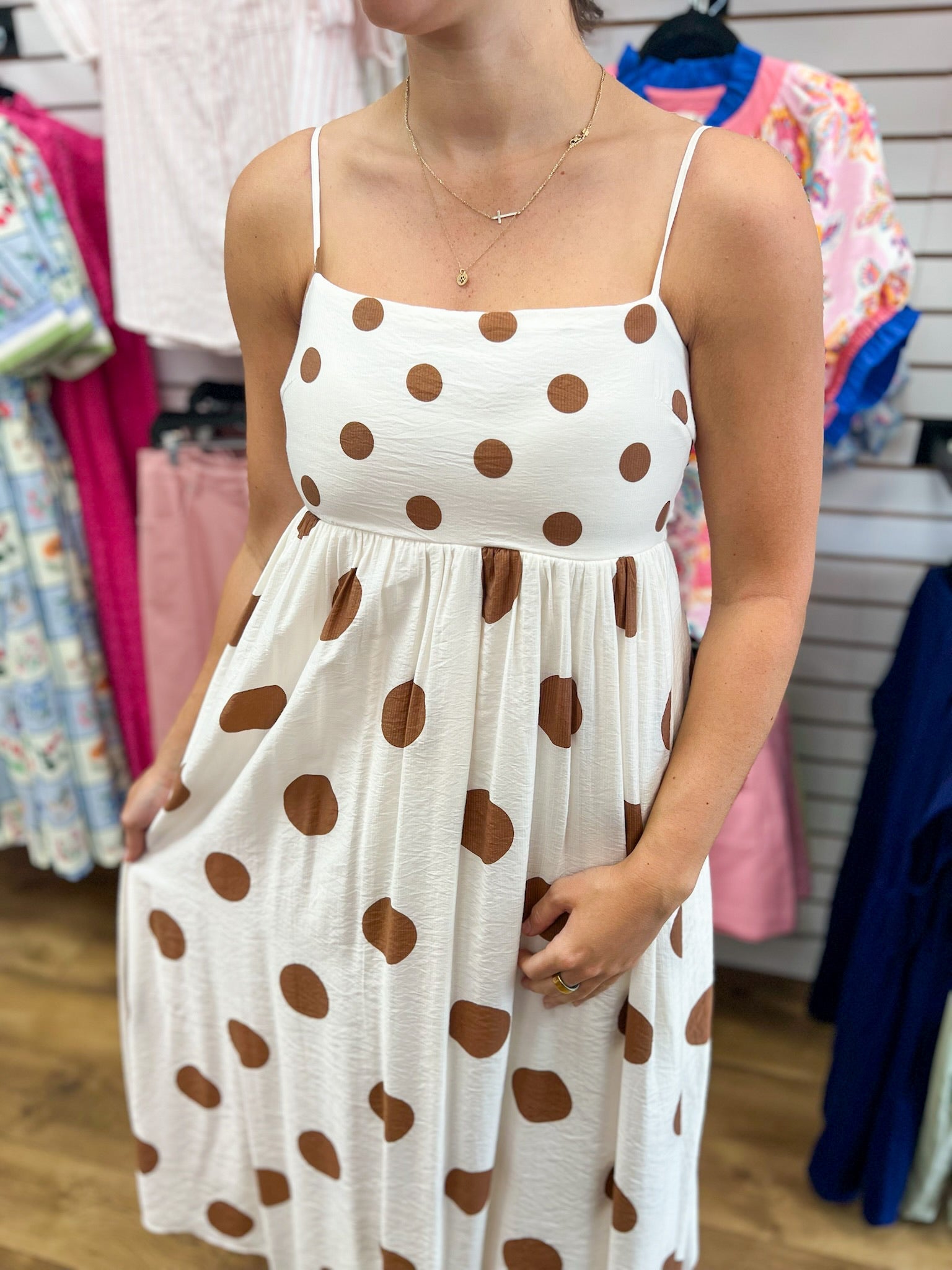 Brown Polka Dot Midi Dress with Spaghetti Straps - A'Bekah's Boutique