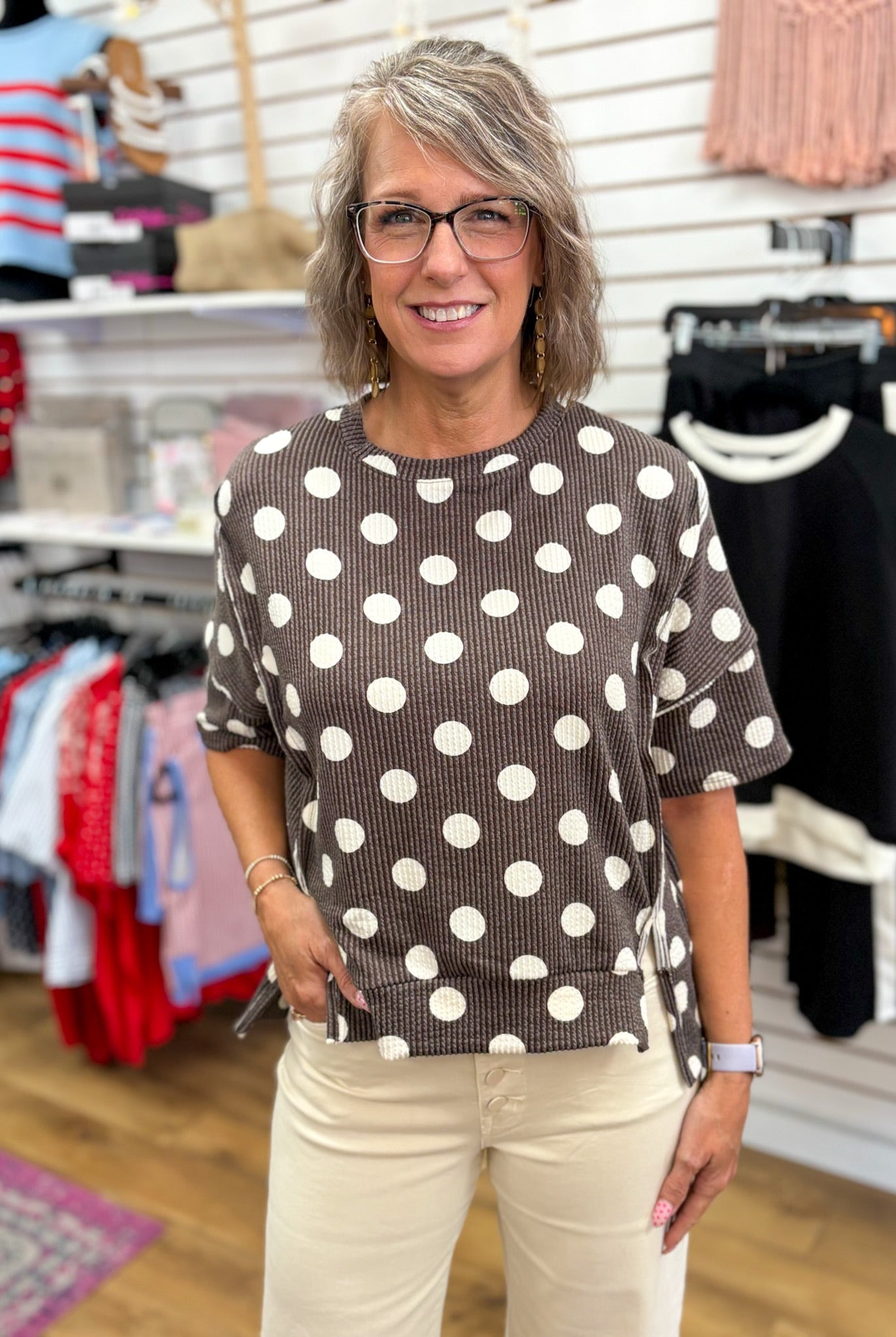 Brown Polka Dot Rib Knit Top - A'Bekah's Boutique