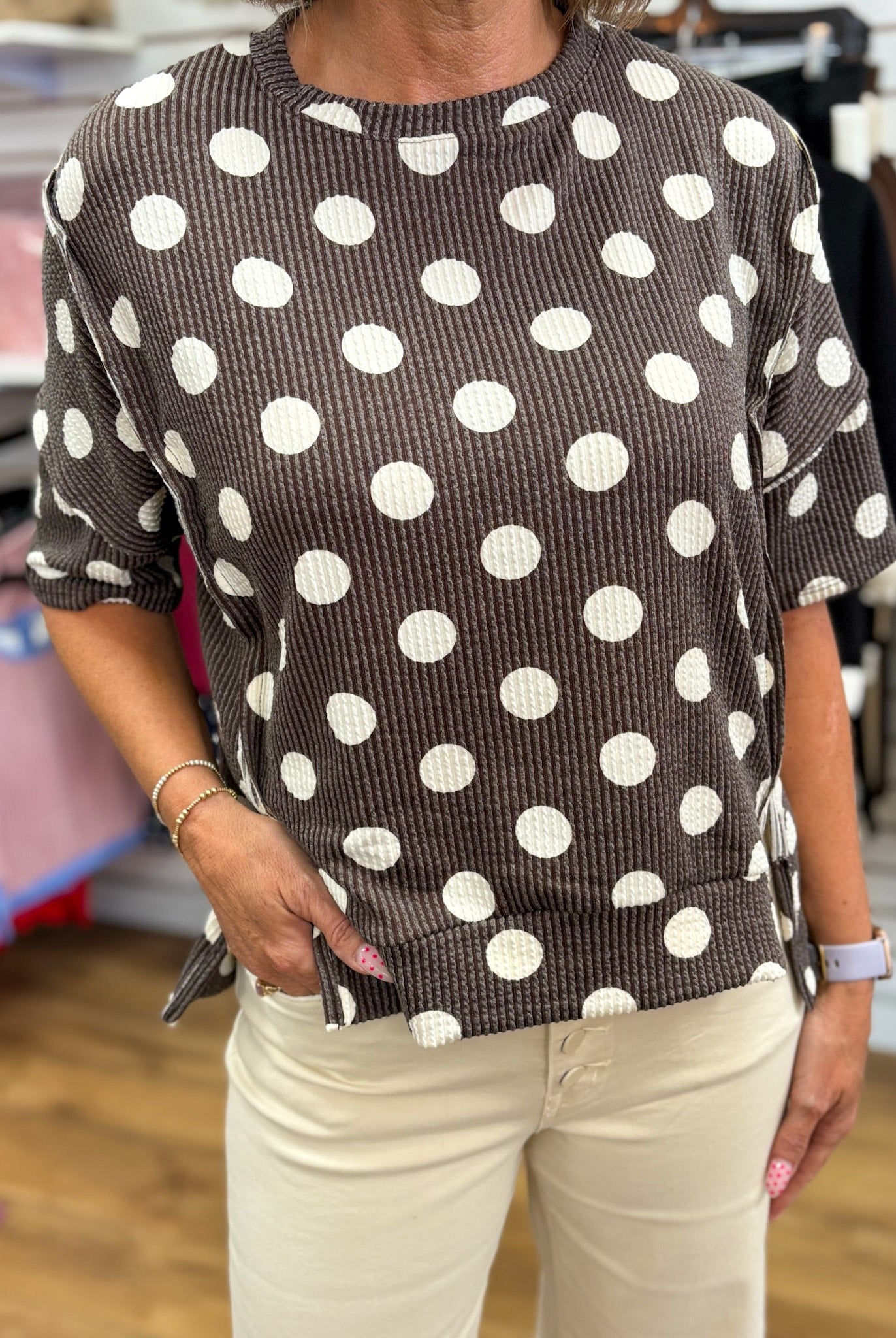 Brown Polka Dot Rib Knit Top - A'Bekah's Boutique