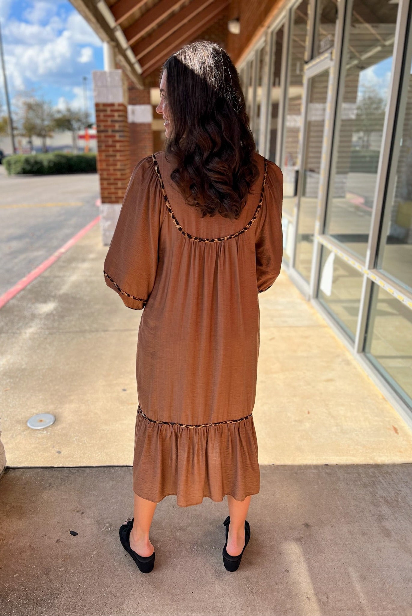Brown Smocked Yoke Midi Dress with Boho Animal Print Trim - A'Bekah's Boutique
