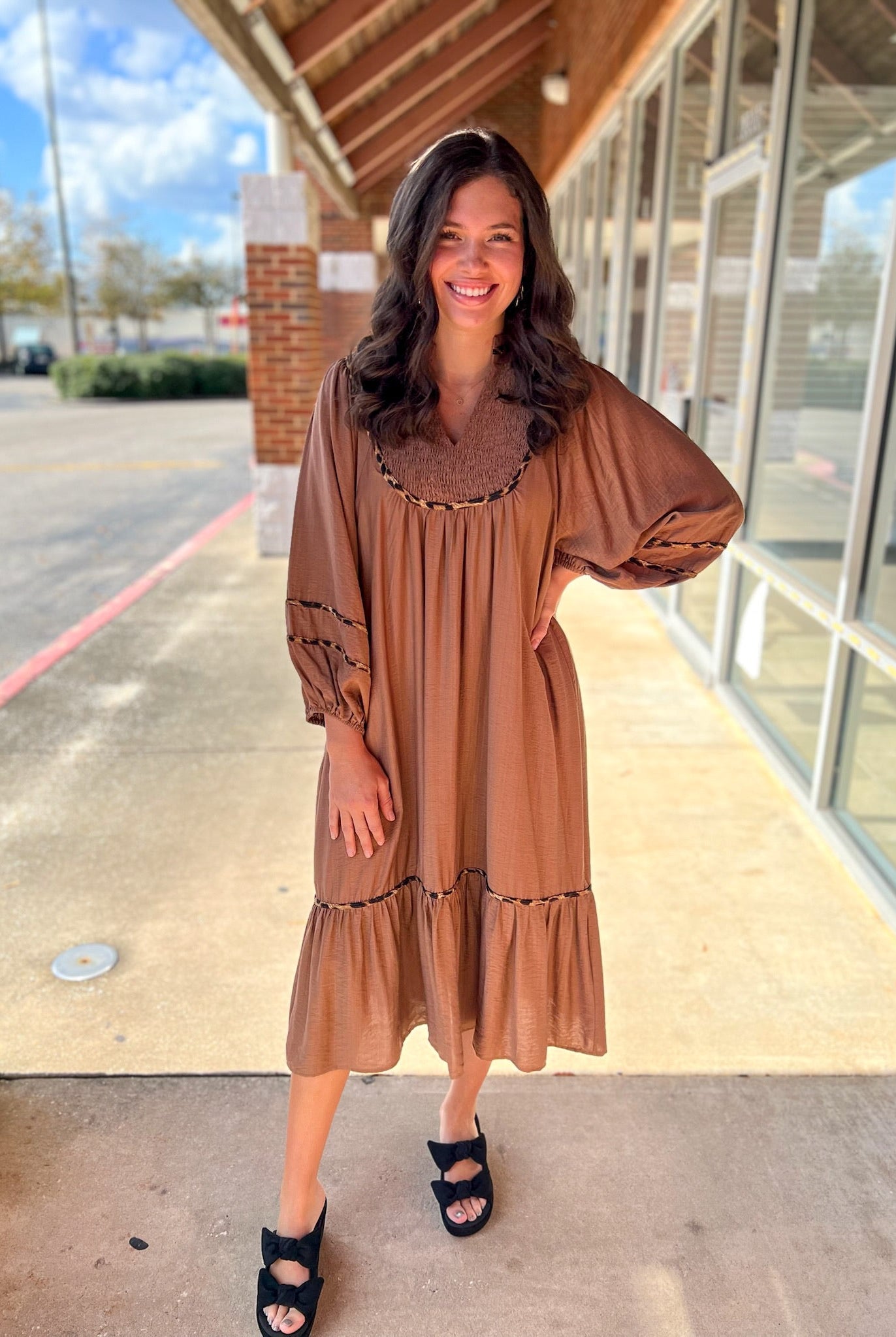 Brown Smocked Yoke Midi Dress with Boho Animal Print Trim - A'Bekah's Boutique