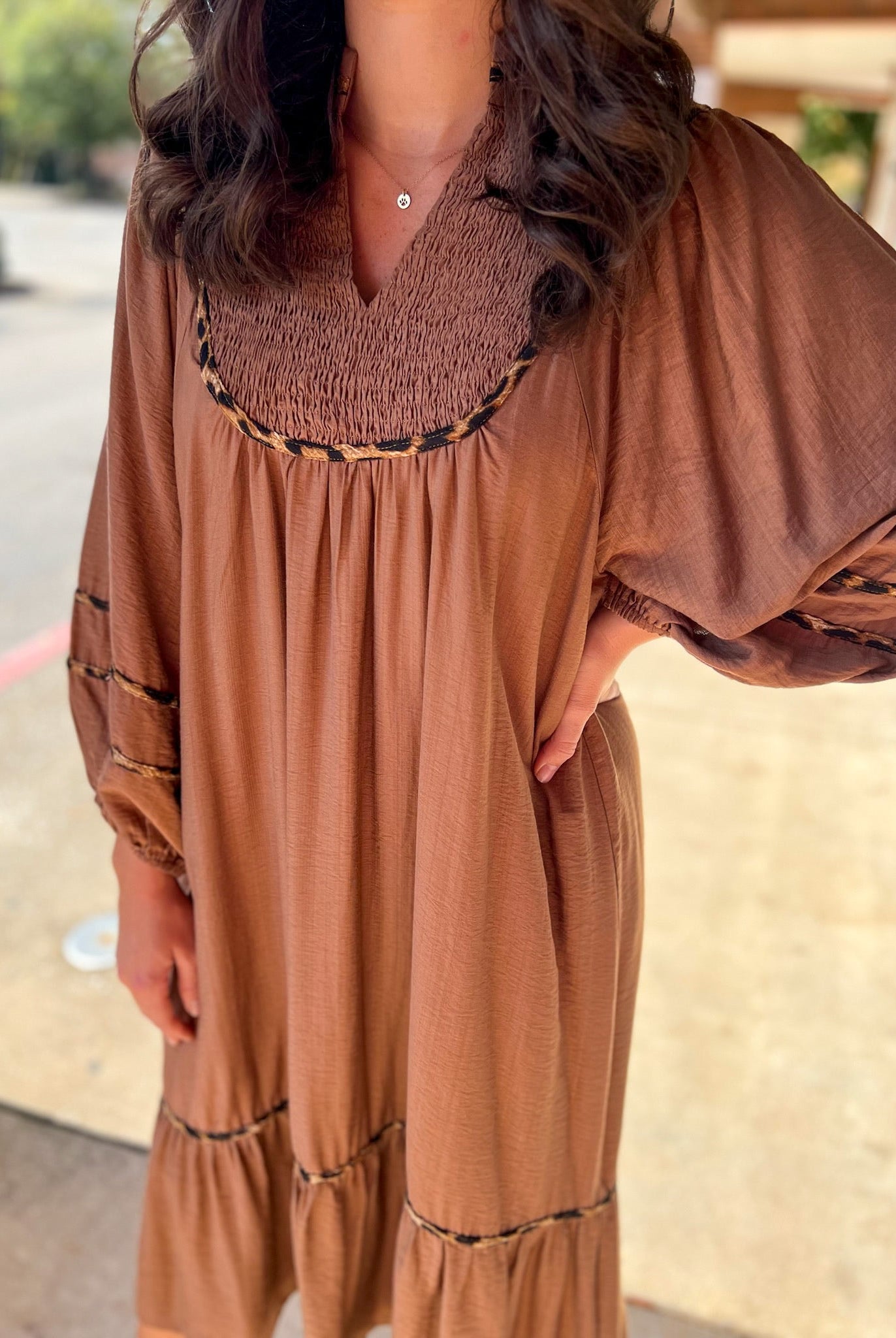 Brown Smocked Yoke Midi Dress with Boho Animal Print Trim - A'Bekah's Boutique