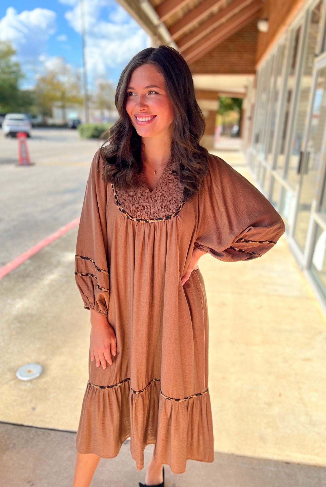 Brown Smocked Yoke Midi Dress with Boho Animal Print Trim - A'Bekah's Boutique