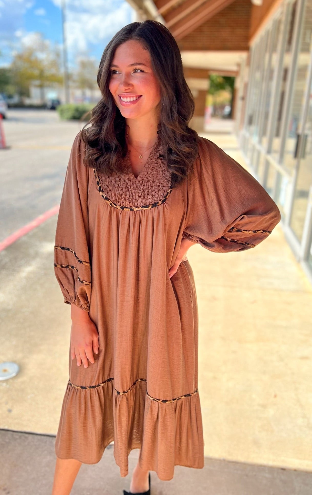 Brown Smocked Yoke Midi Dress with Boho Animal Print Trim - A'Bekah's Boutique