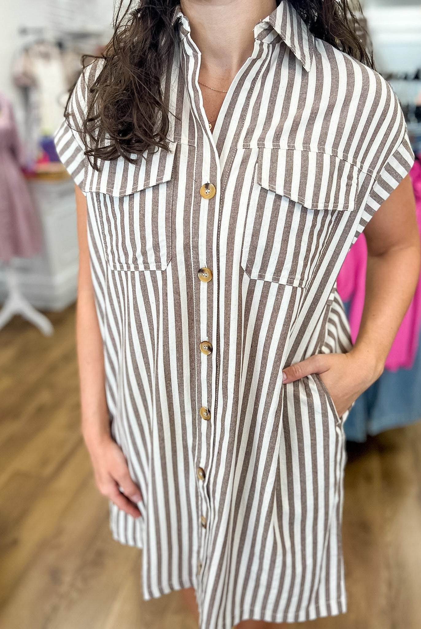 Brown Striped Button Up Dress with Pockets - A'Bekah's Boutique