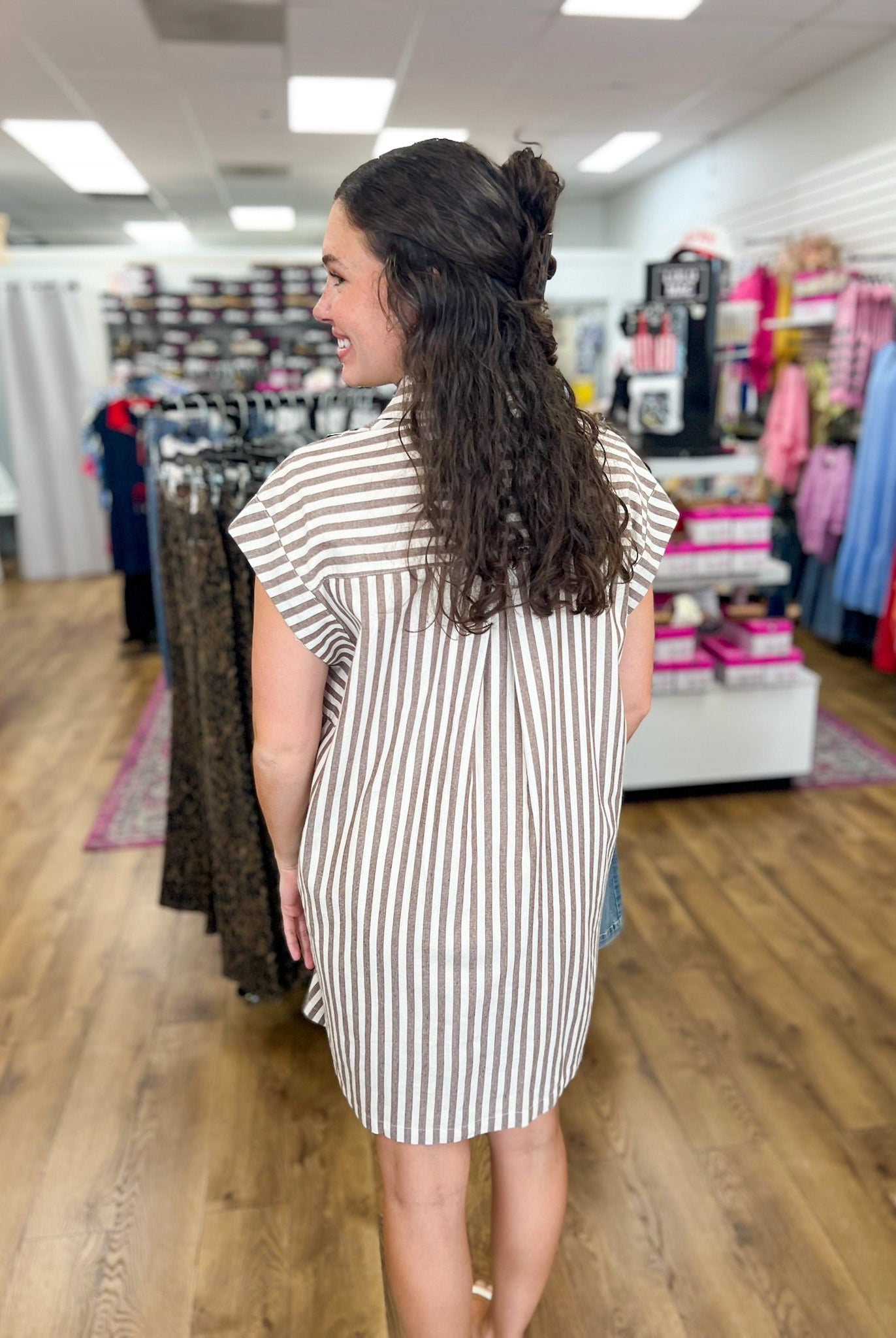 Brown Striped Button Up Dress with Pockets - A'Bekah's Boutique