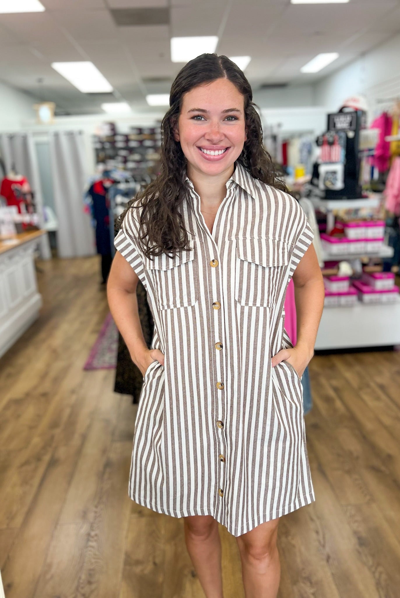 Brown Striped Button Up Dress with Pockets - A'Bekah's Boutique