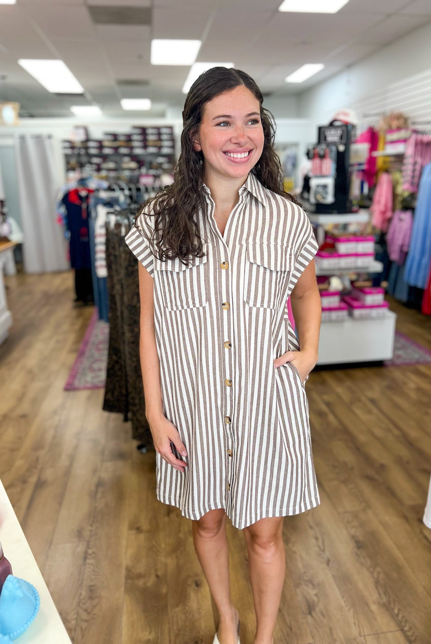 Brown Striped Button Up Dress with Pockets - A'Bekah's Boutique