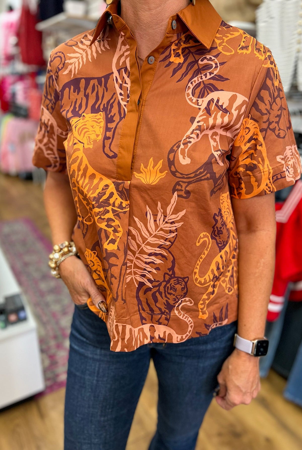 Brown Tiger Print Short Sleeve Top - A'Bekah's Boutique