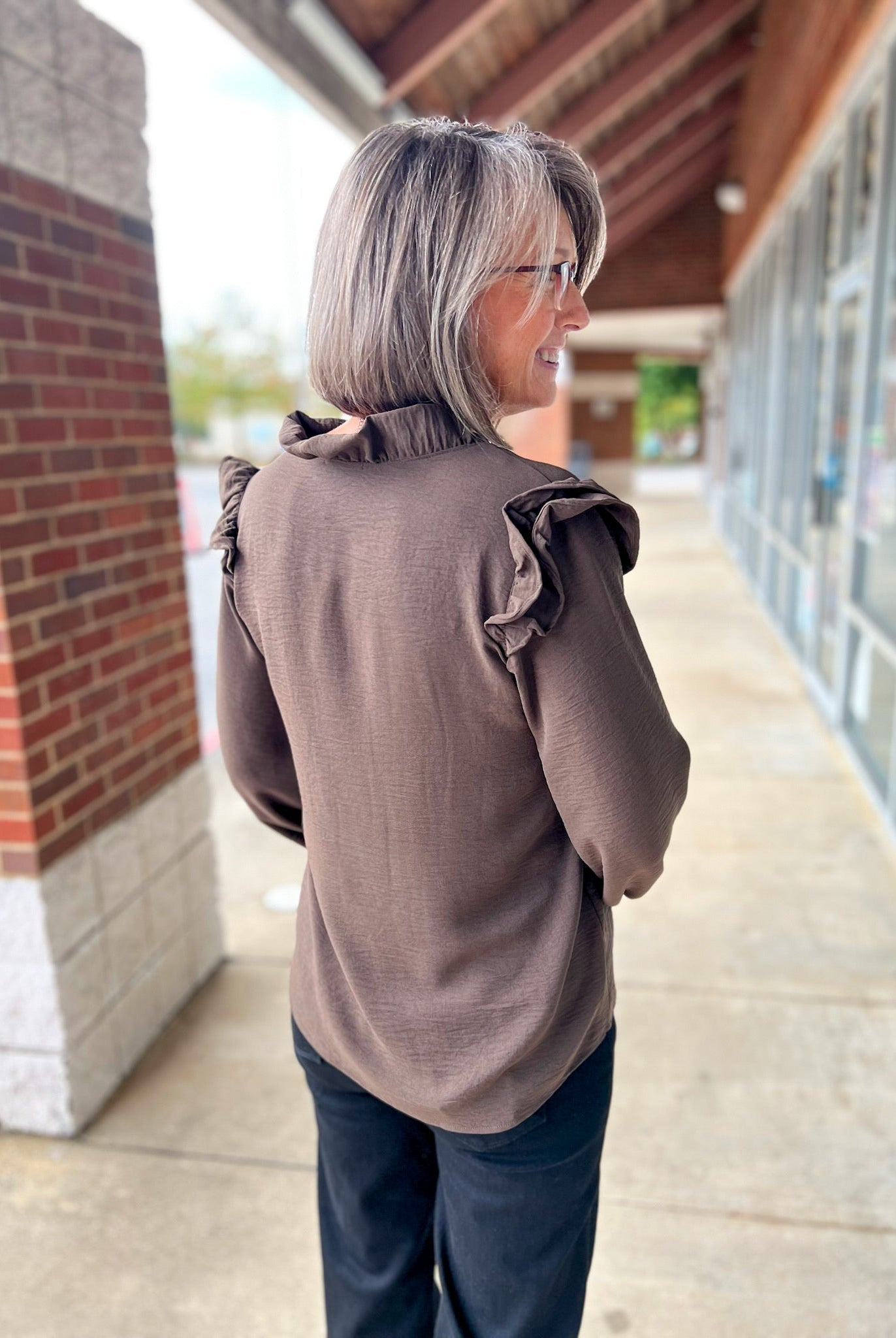 Brown V - Neck Top with Ruffle Shoulder Detail - A'Bekah's Boutique