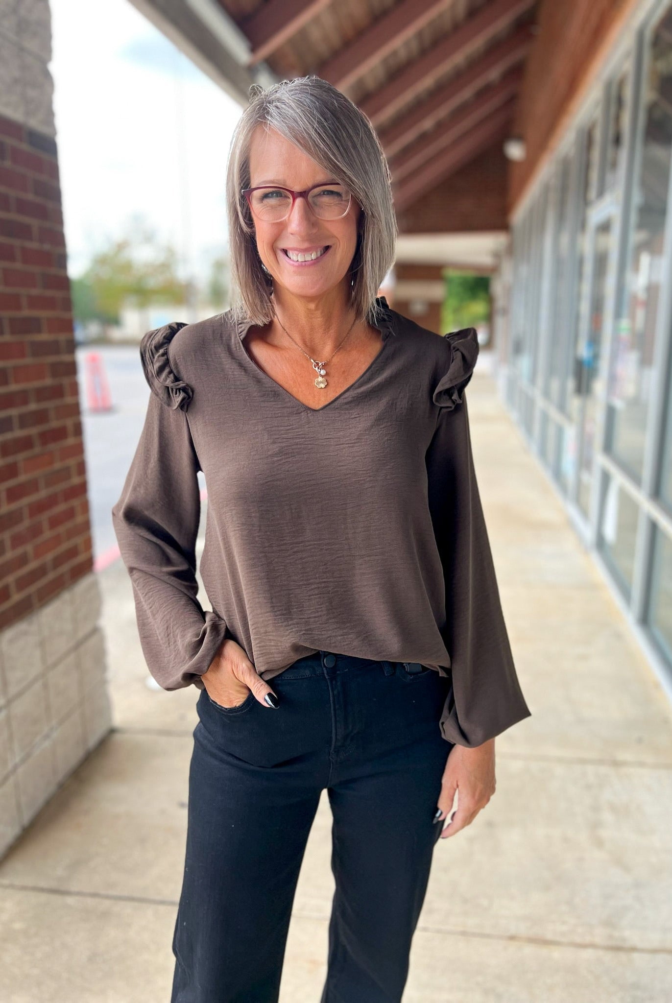 Brown V - Neck Top with Ruffle Shoulder Detail - A'Bekah's Boutique
