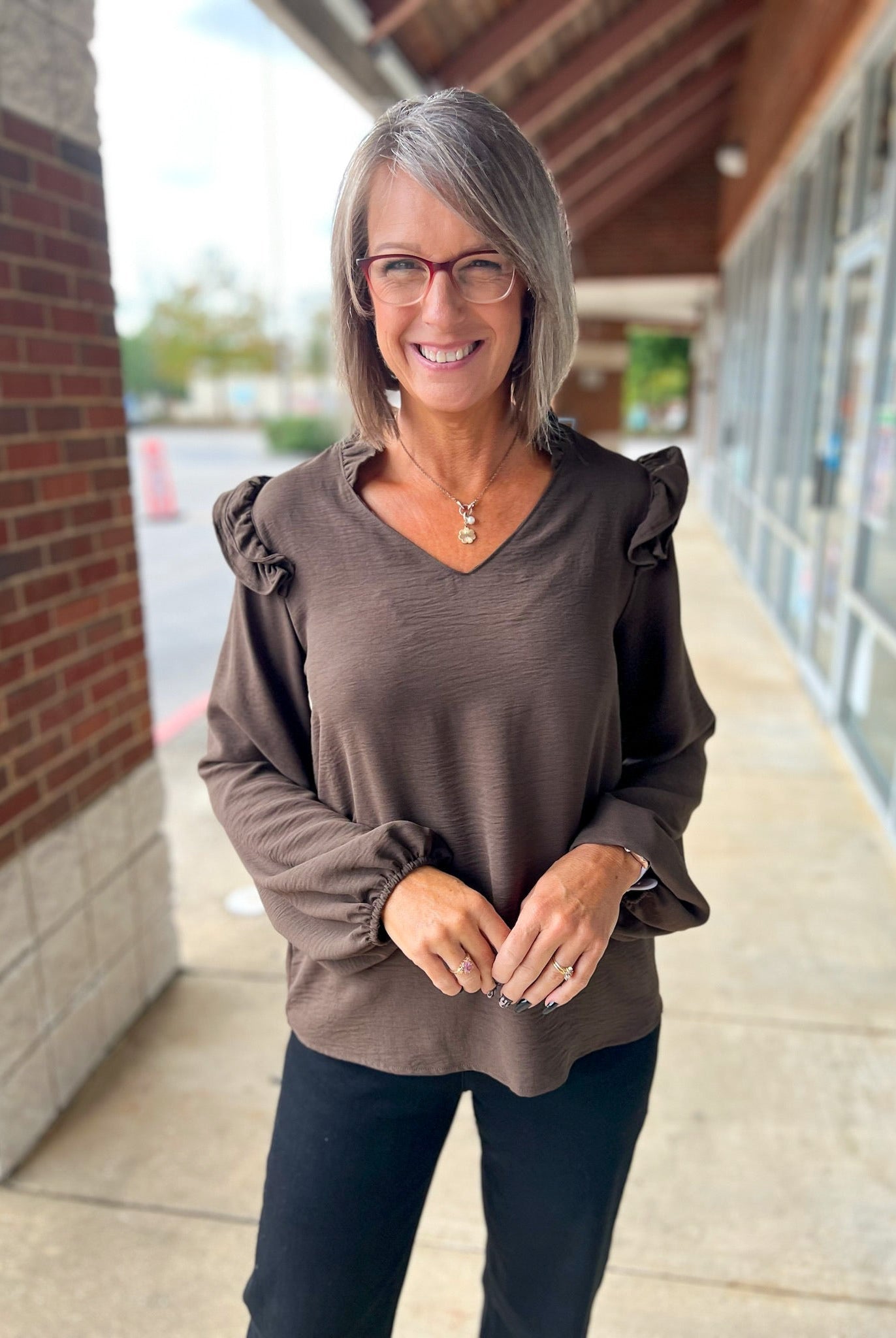 Brown V - Neck Top with Ruffle Shoulder Detail - A'Bekah's Boutique