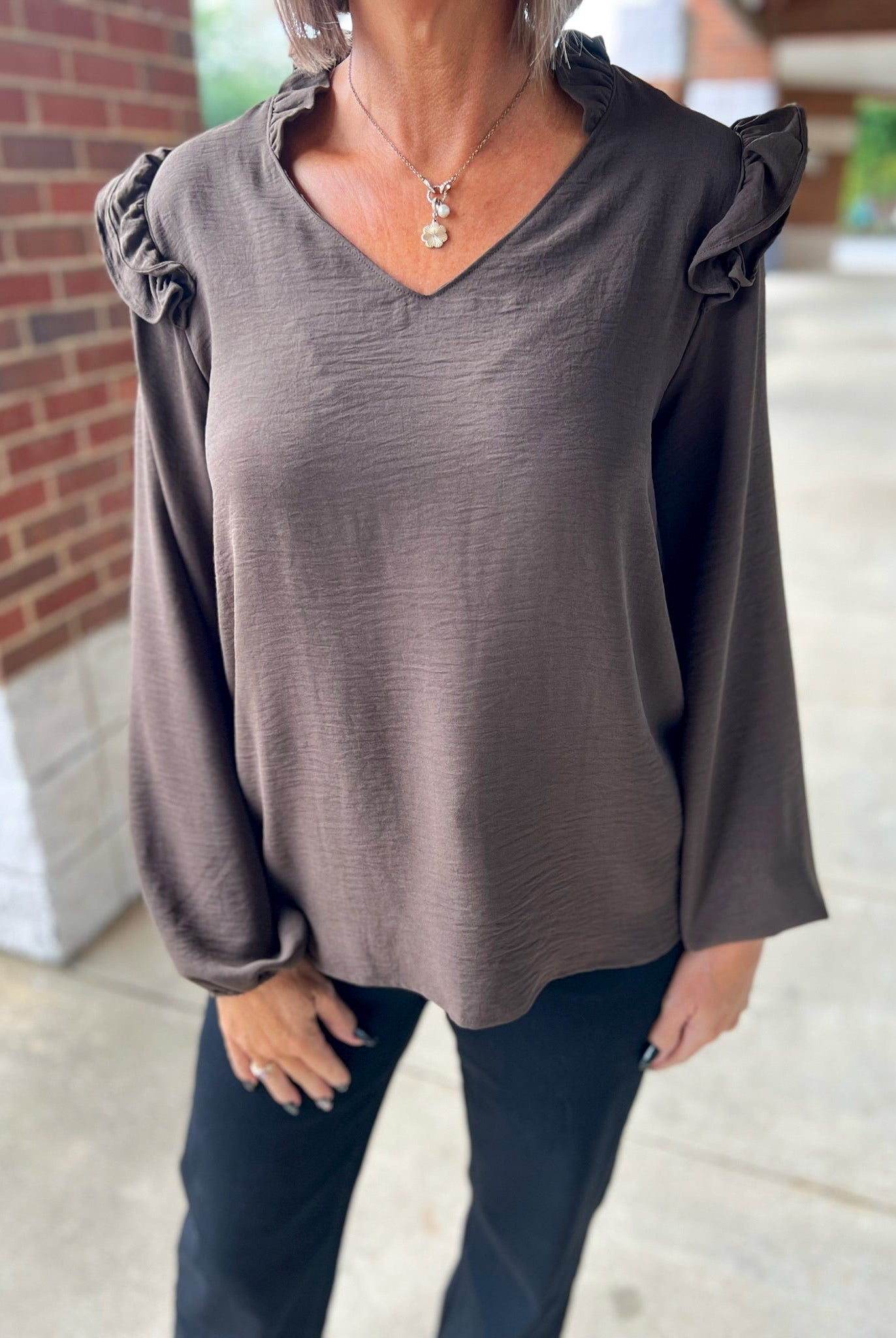 Brown V - Neck Top with Ruffle Shoulder Detail - A'Bekah's Boutique