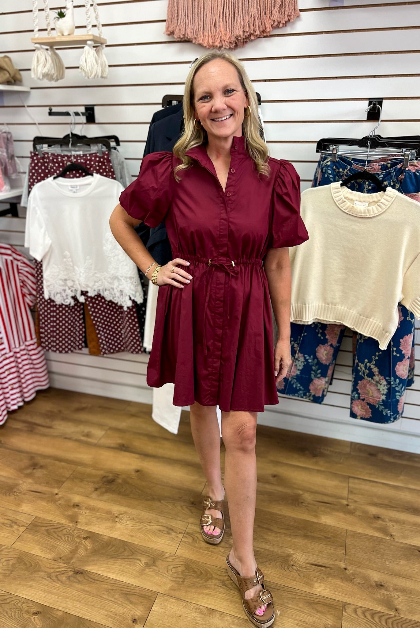 Burgundy Button Up Dress with Drawstring Waist - A'Bekah's Boutique