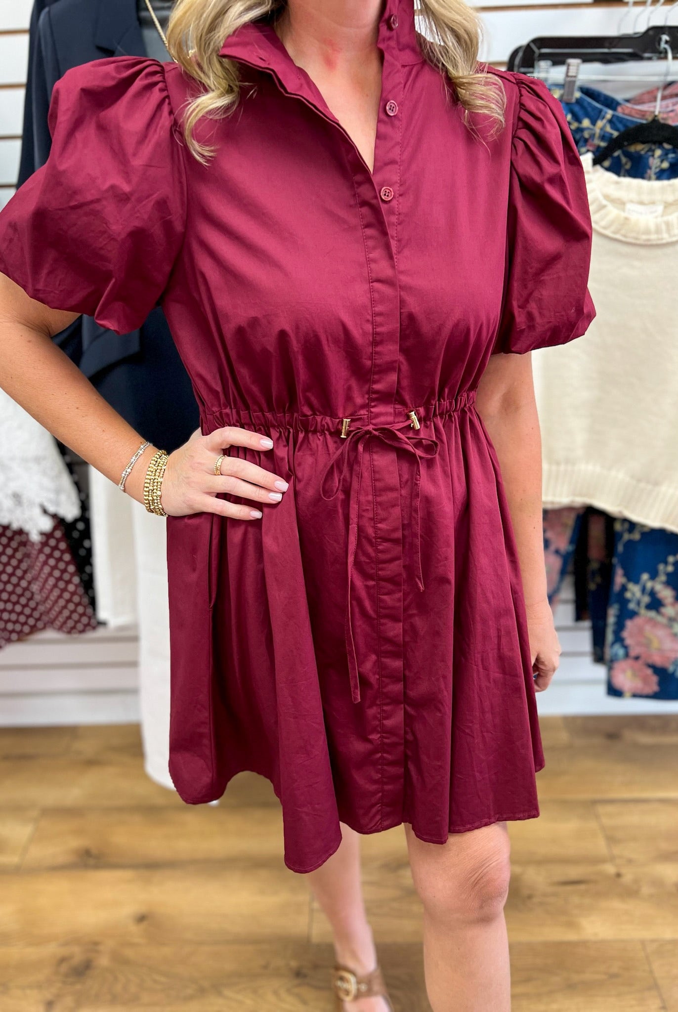 Burgundy Button Up Dress with Drawstring Waist - A'Bekah's Boutique