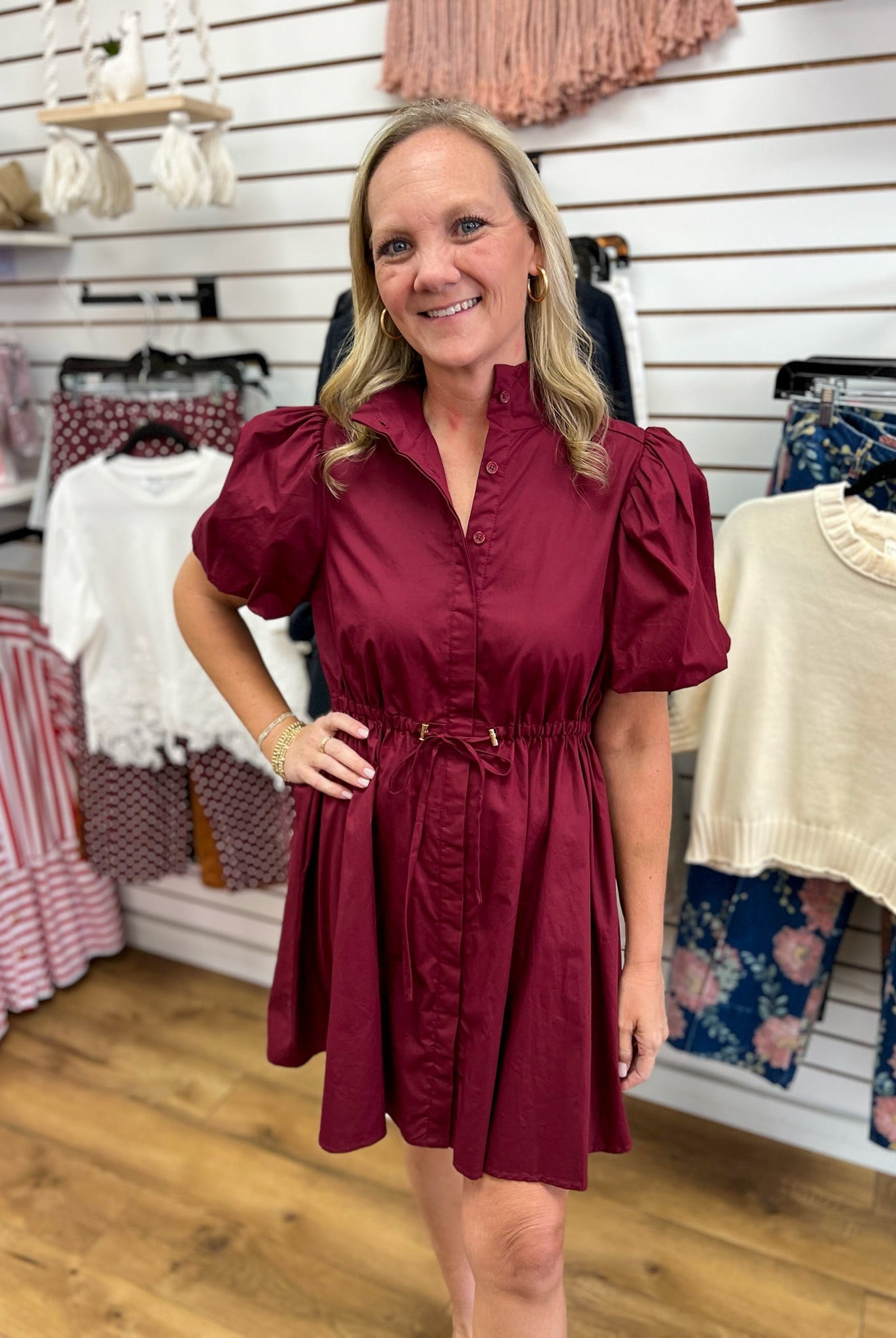 Burgundy Button Up Dress with Drawstring Waist - A'Bekah's Boutique