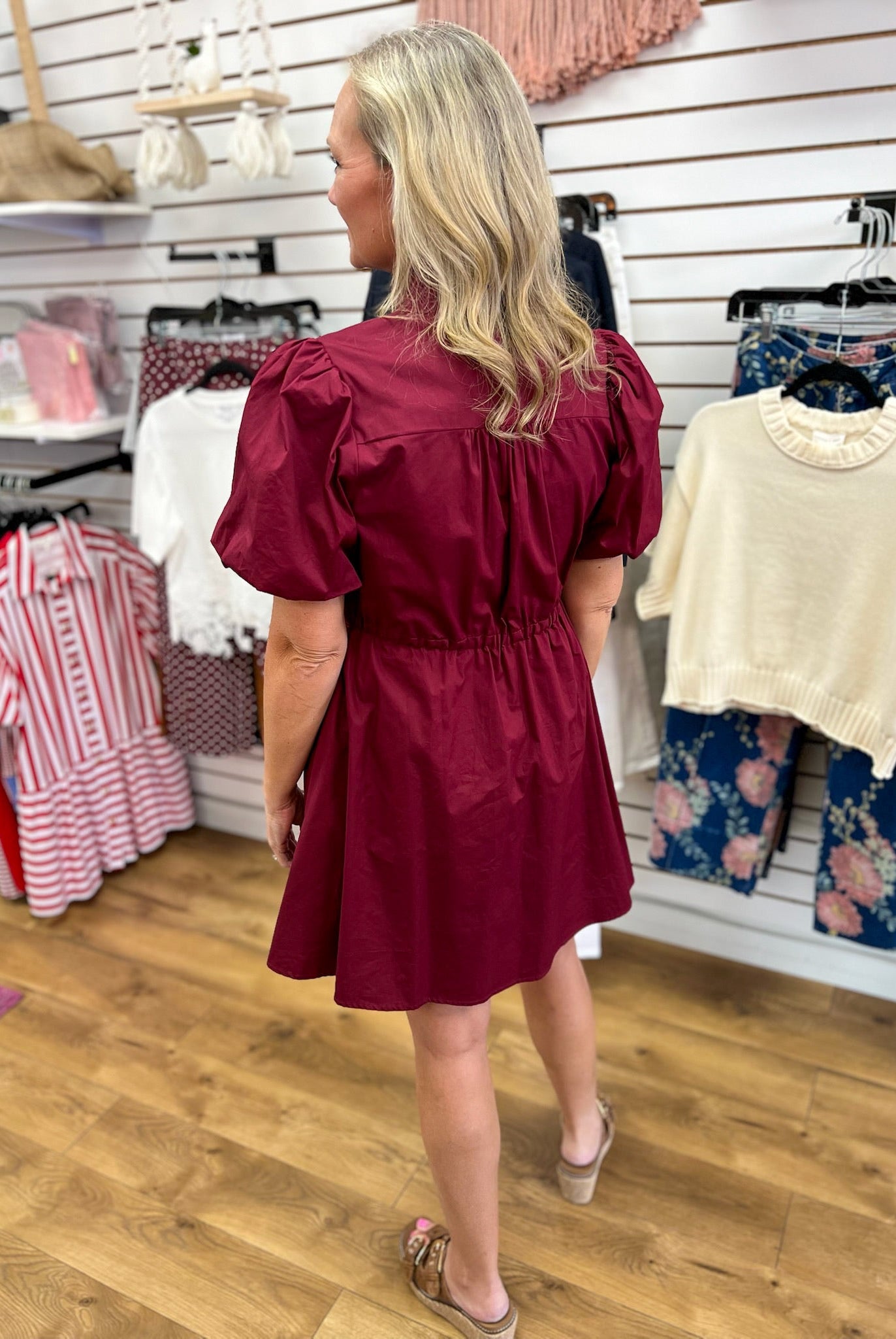 Burgundy Button Up Dress with Drawstring Waist - A'Bekah's Boutique