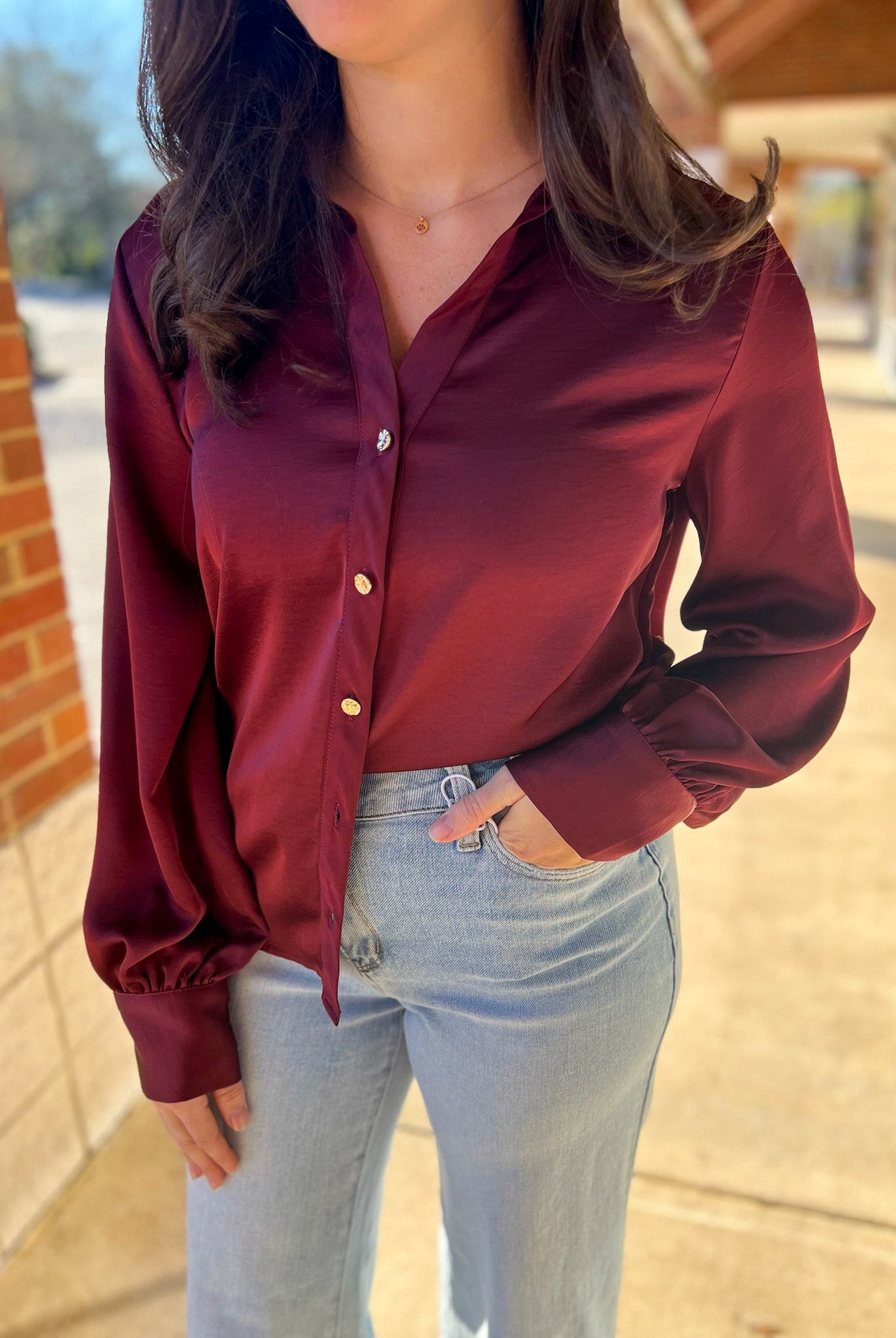 Burgundy Button Up Long Sleeve Top - A'Bekah's Boutique