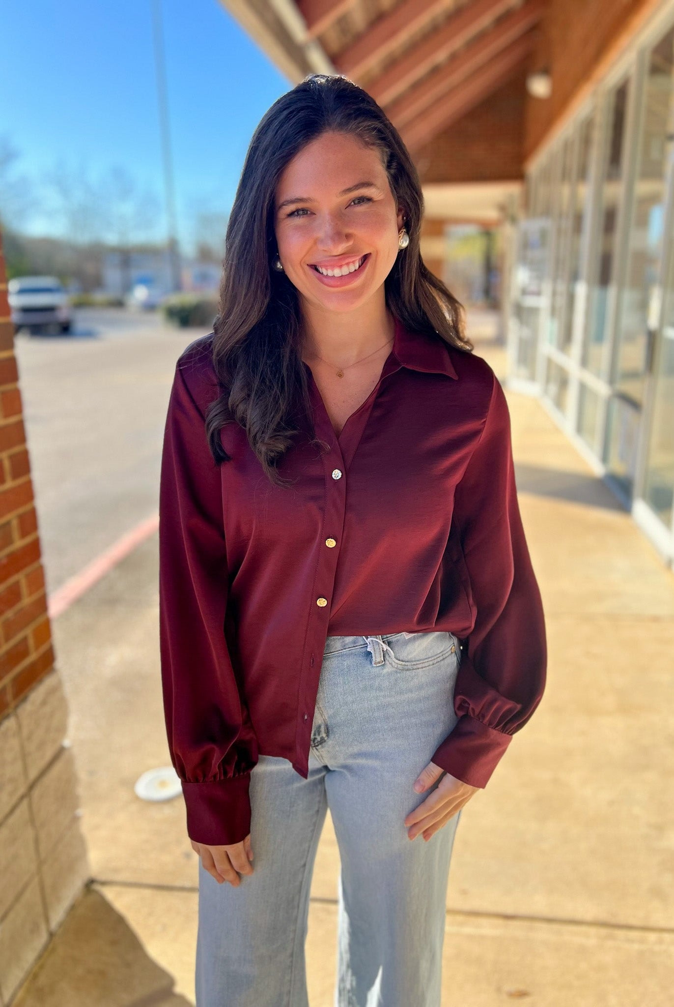 Burgundy Button Up Long Sleeve Top - A'Bekah's Boutique