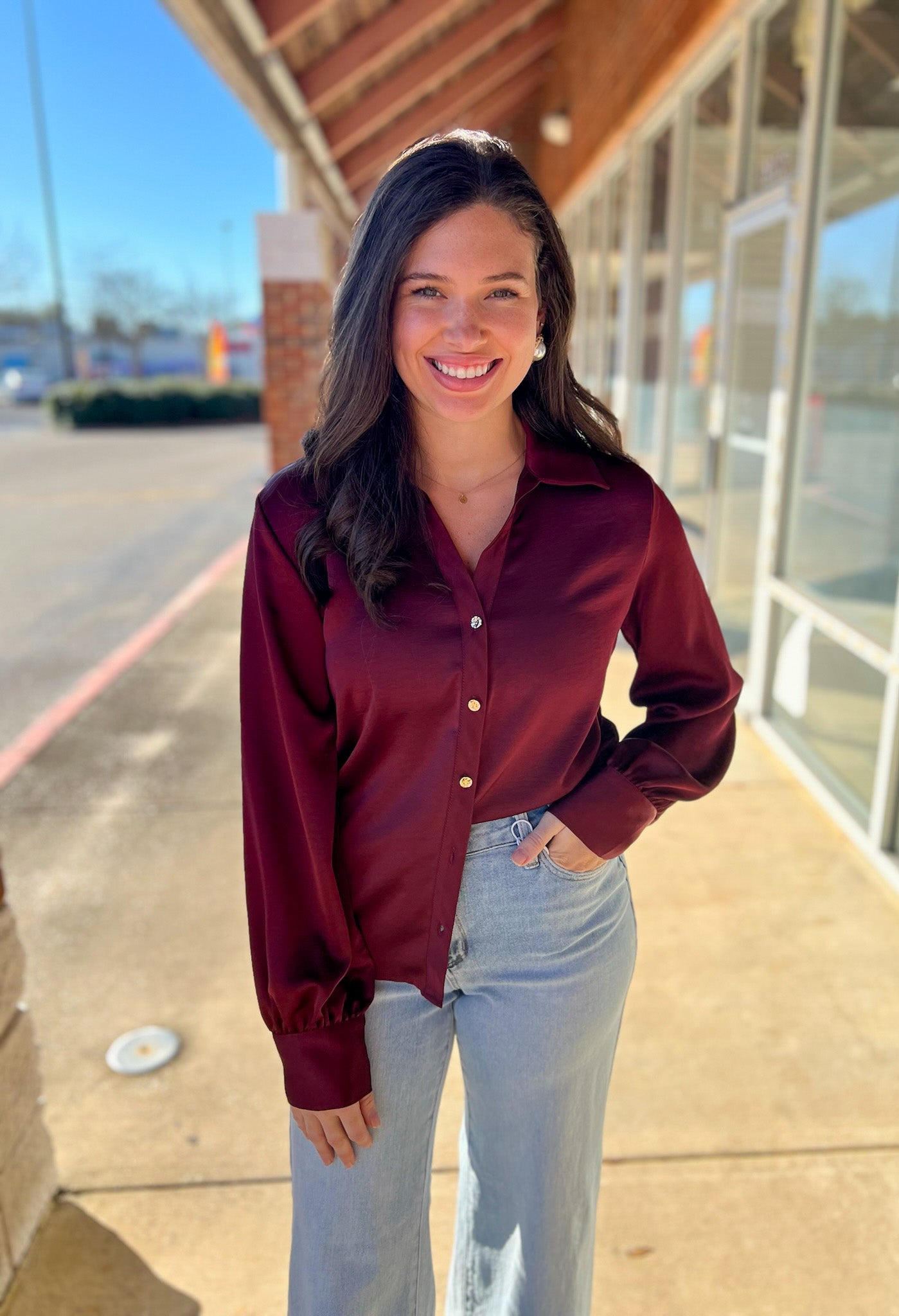 Burgundy Button Up Long Sleeve Top - A'Bekah's Boutique