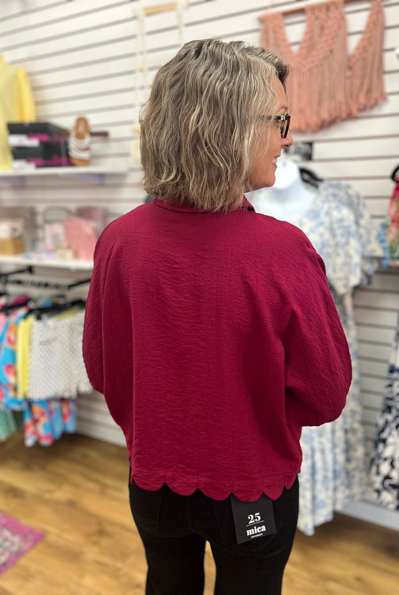Burgundy Button Up Top with Scalloped Hem - A'Bekah's Boutique