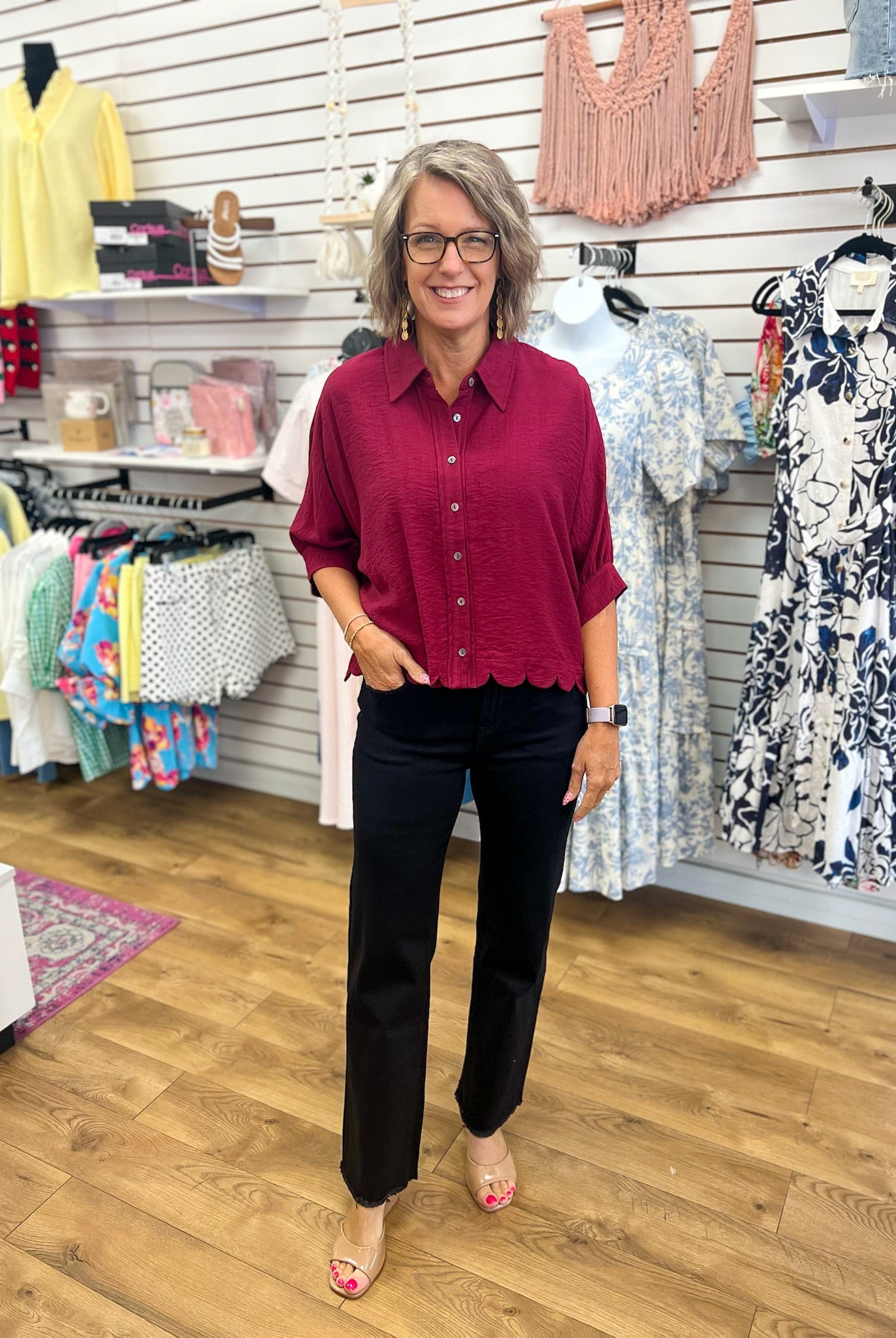 Burgundy Button Up Top with Scalloped Hem - A'Bekah's Boutique