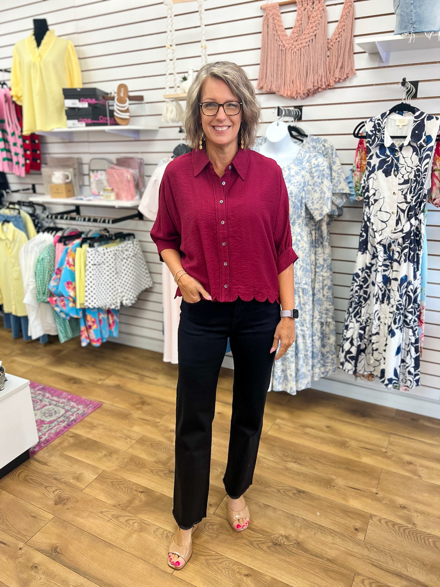 Burgundy Button Up Top with Scalloped Hem - A'Bekah's Boutique