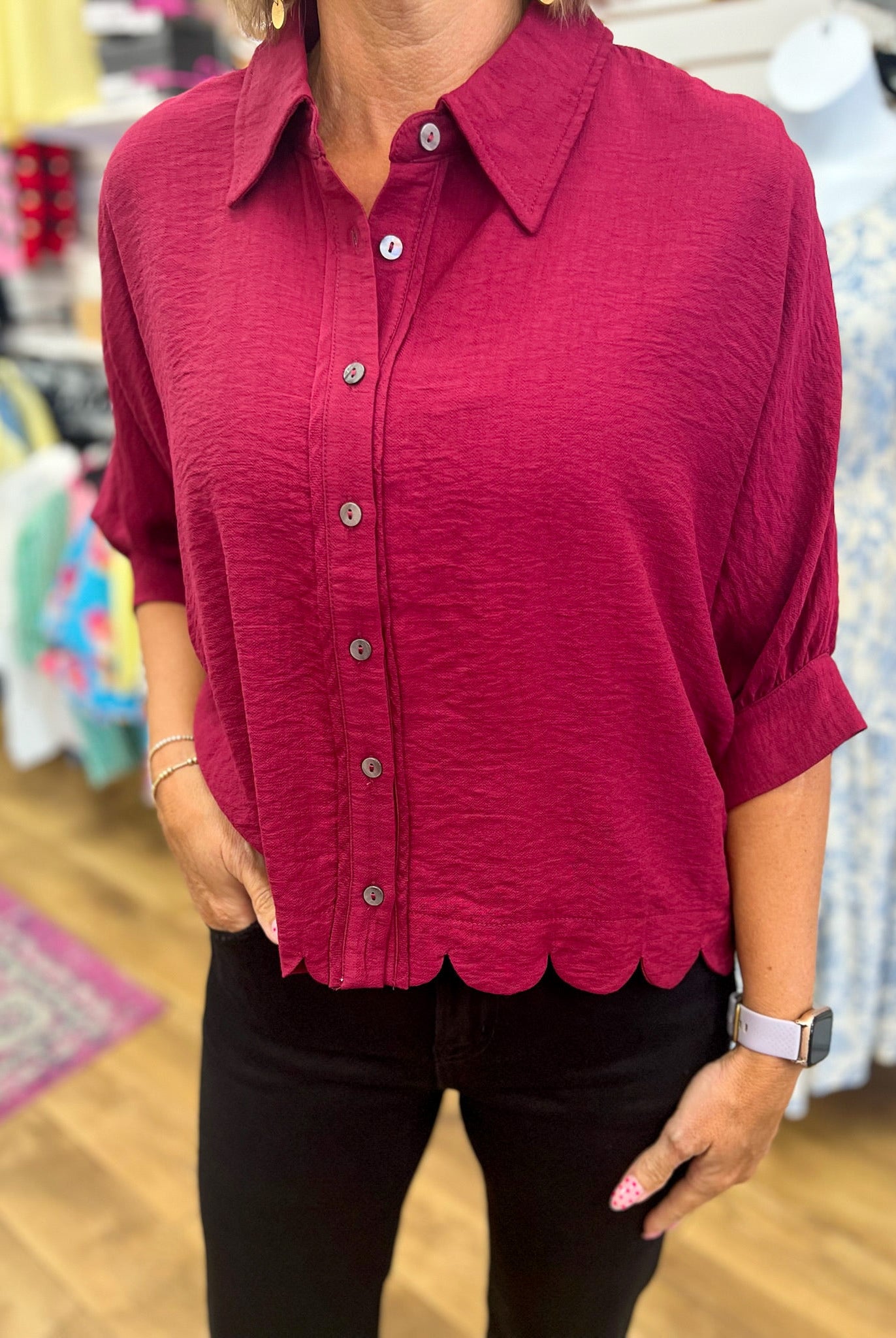 Burgundy Button Up Top with Scalloped Hem - A'Bekah's Boutique