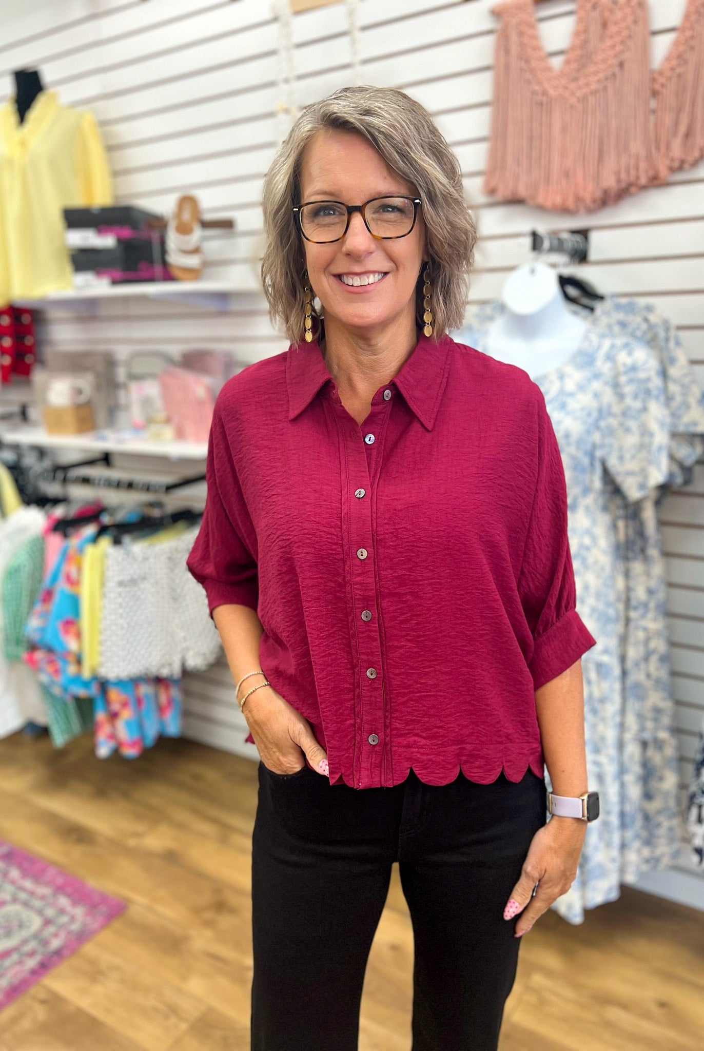 Burgundy Button Up Top with Scalloped Hem - A'Bekah's Boutique