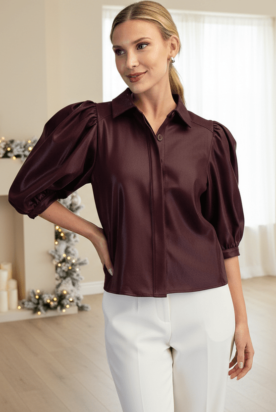 Burgundy Button Up Top with Short Puff Sleeves - A'Bekah's Boutique