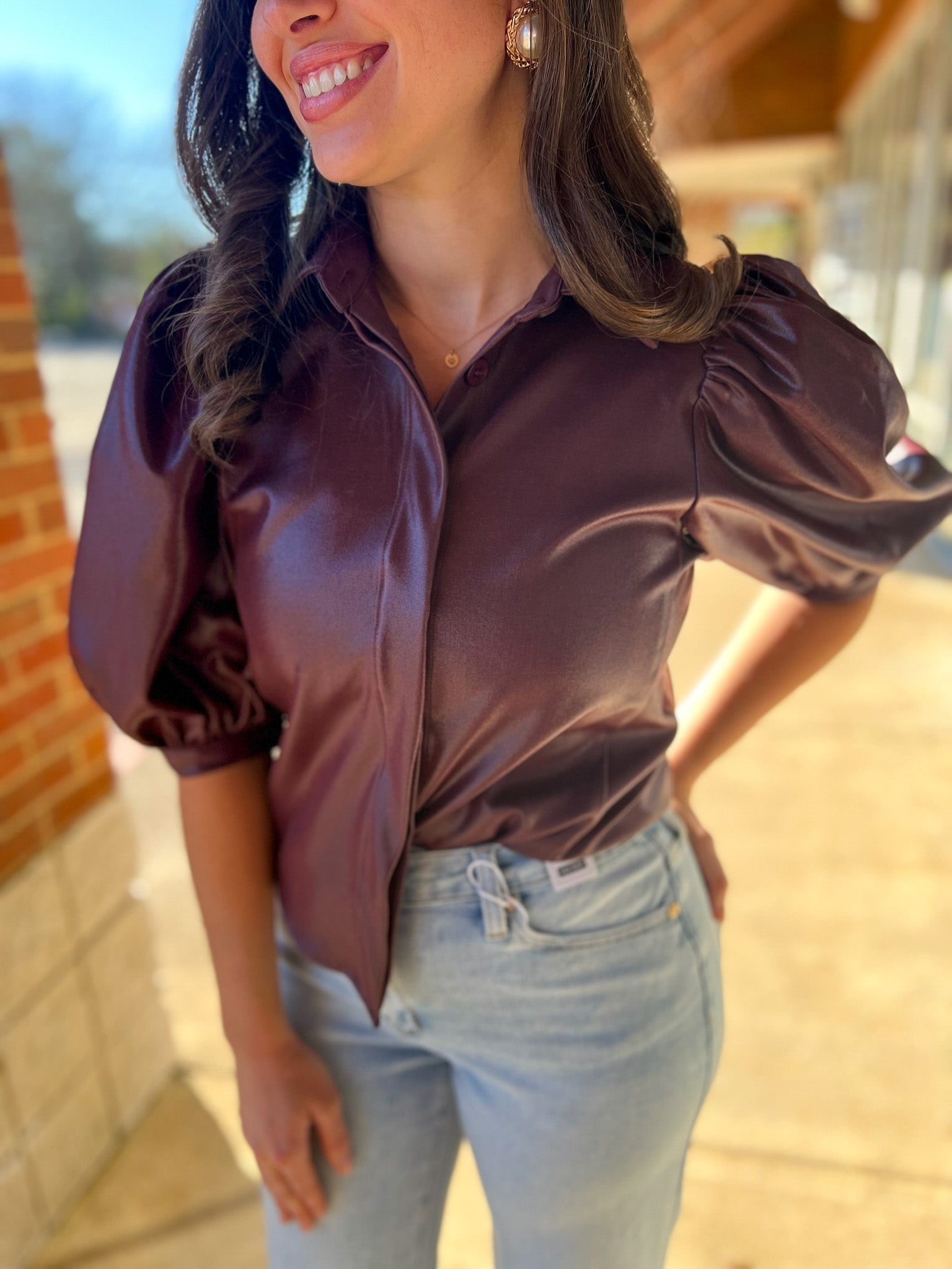 Burgundy Button Up Top with Short Puff Sleeves - A'Bekah's Boutique
